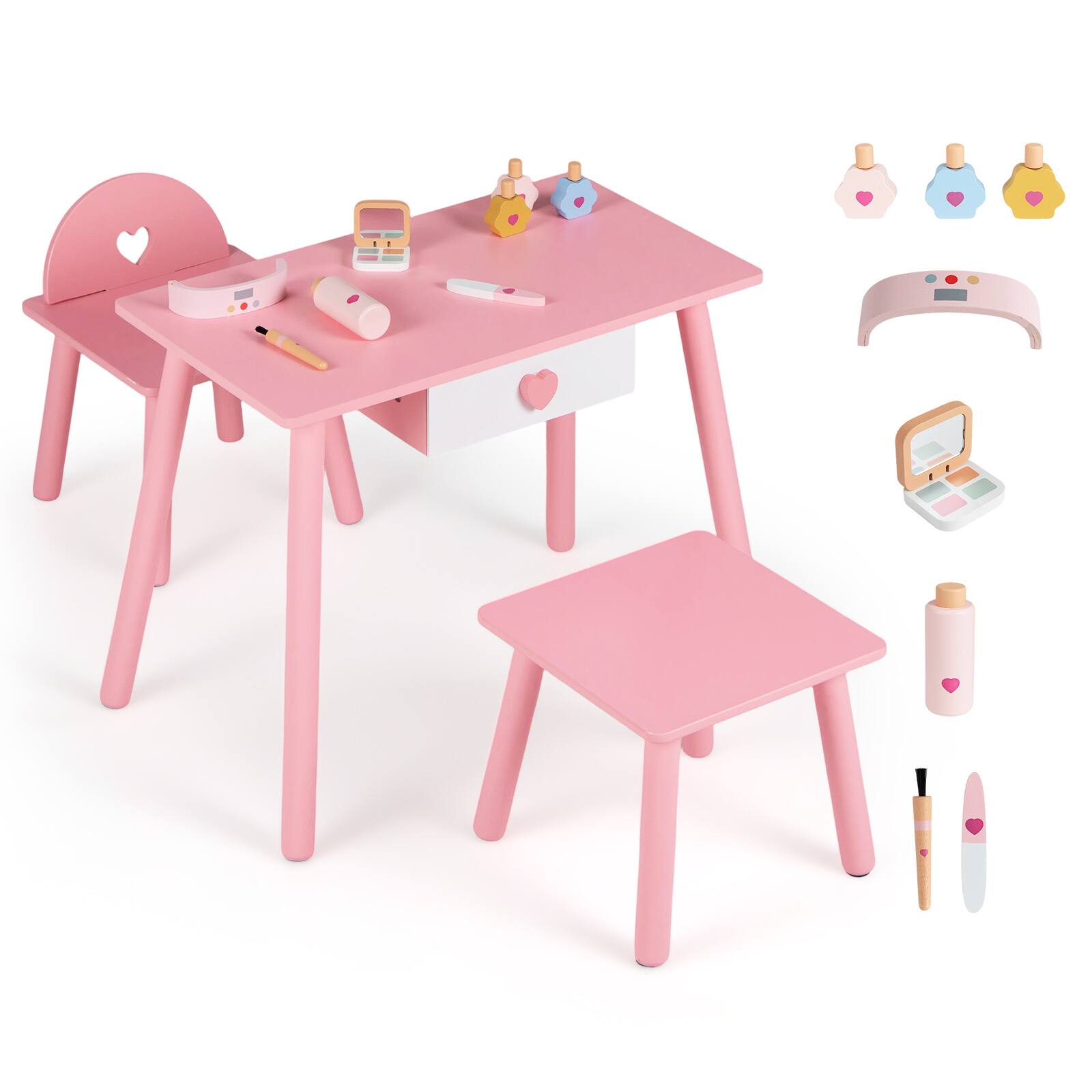 Alt View 9. Costway - Costway Kids Pretend Nail Salon Playset Wooden Toddlers Makeup with Chair & Stool Light Pink-Nail Salon - Light Pink-Nail Salon.
