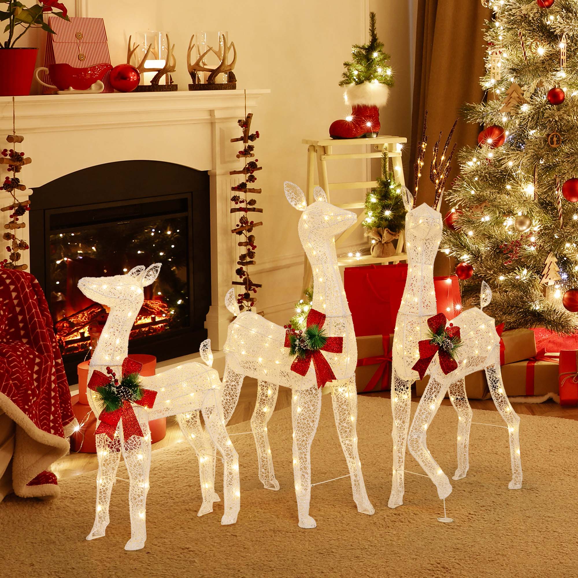 Alt View 2. Costway - 3 PCS Pre-lit Christmas Reindeer Family 3D Lighted Glitter Deer Decoration - White.