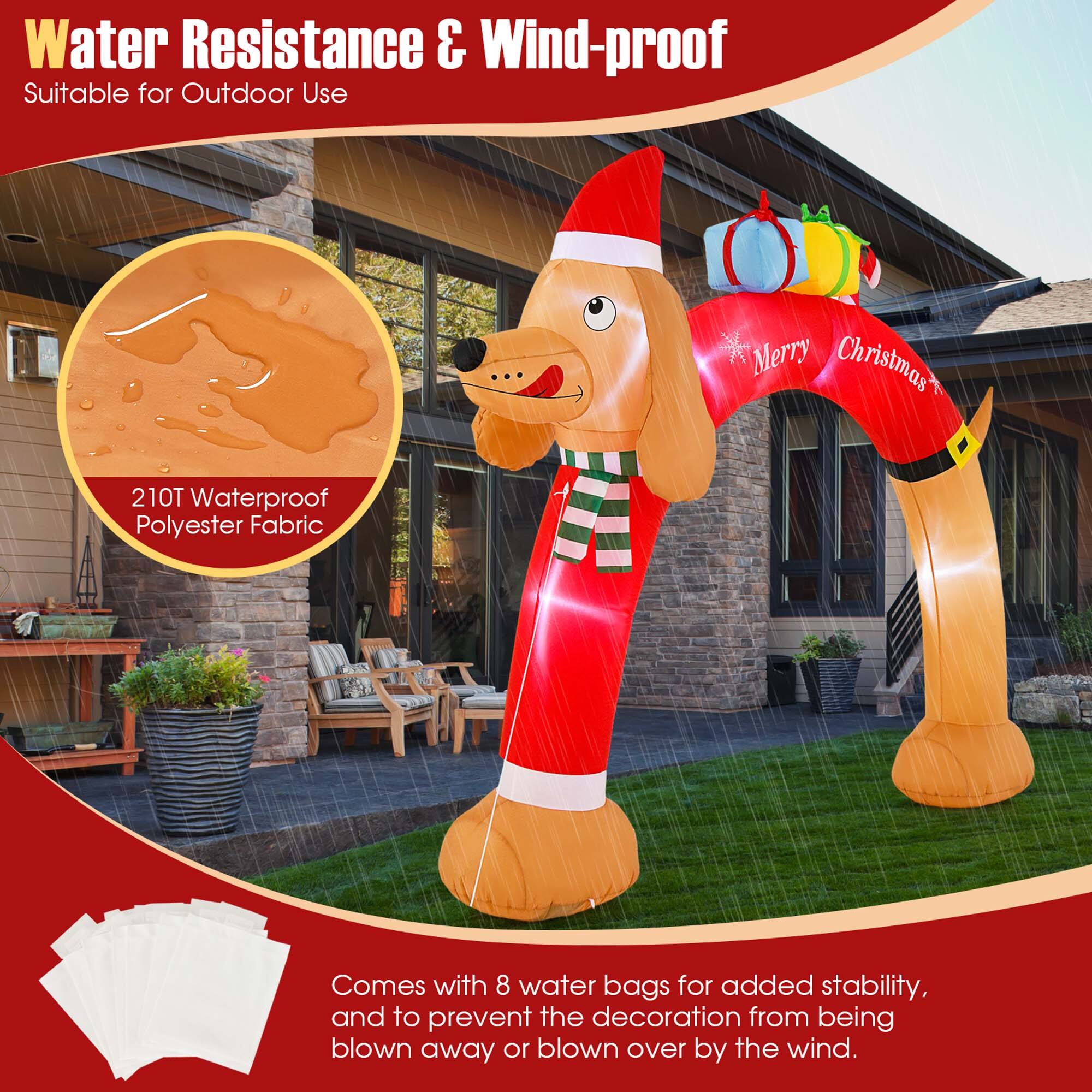 Water Resistance & Wind-proof Suitable for Outdoor Use Merry Christmas 210T Waterproof Polyester Fabric Comes with 8 water bags for added stability, and to prevent the decoration from being blown away or blown over by the wind.
