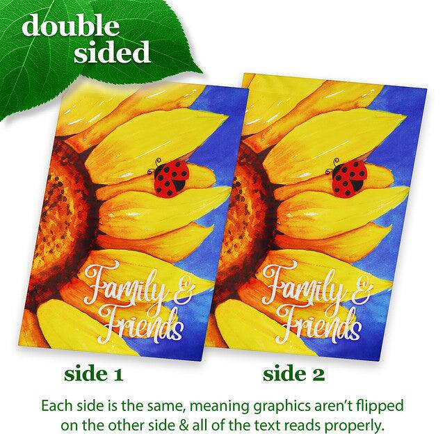 double sided  
Family & Friends side 1  
Family & Friends side 2  

Each side is the same, meaning graphics aren't flipped on the other side & all of the text reads properly.