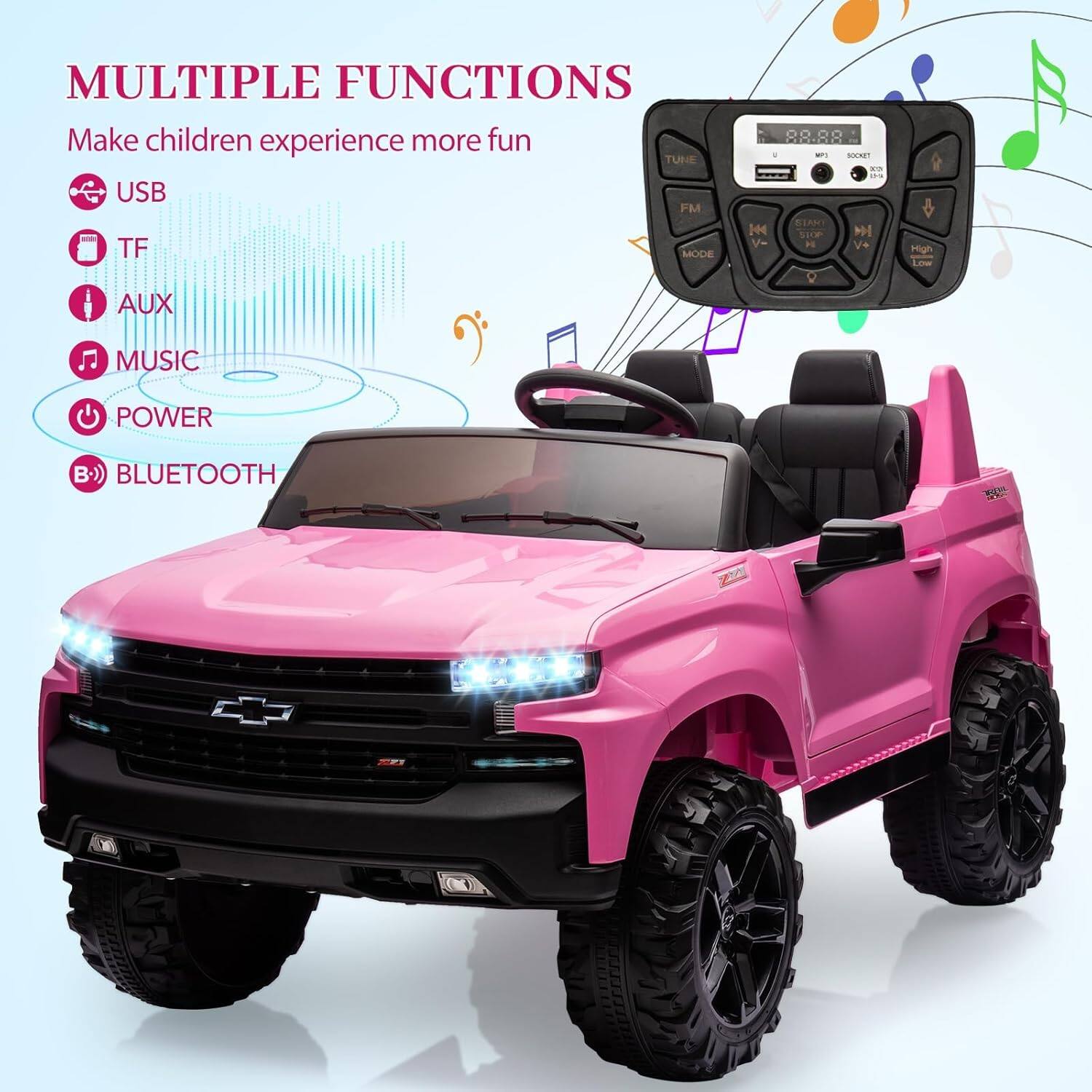 MULTIPLE FUNCTIONS  
Make children experience more fun  

- USB  
- TF  
- AUX  
- MUSIC  
- POWER  
- BLUETOOTH  

TUNE USB FM TF MODE 88.88  
High Low