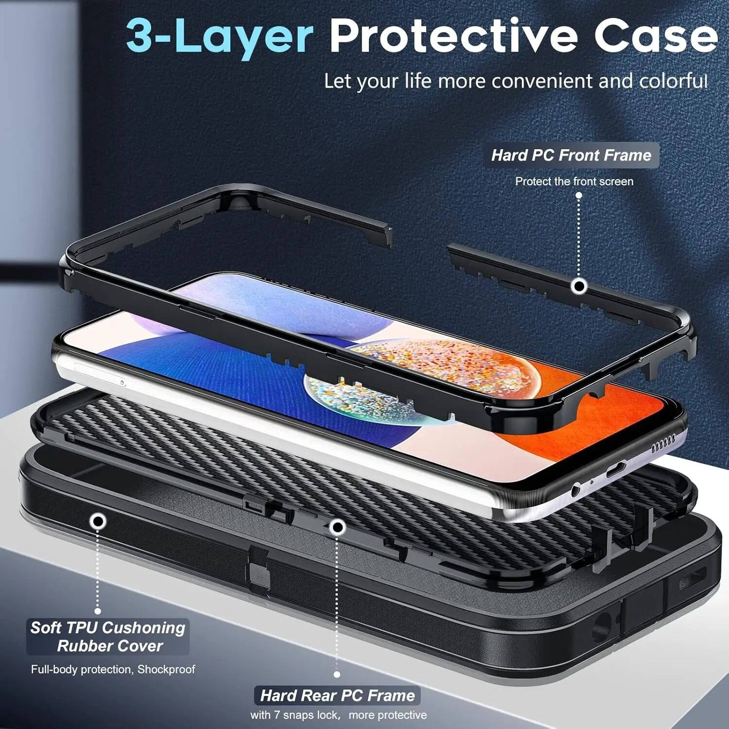 3-Layer Protective Case  
Let your life more convenient and colorful  

Hard PC Front Frame  
Protect the front screen  

Soft TPU Cushoning Rubber Cover  
Full-body protection, Shockproof  

Hard Rear PC Frame  
with 7 snaps lock, more protective