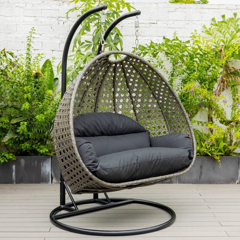 Back. LeisureMod - Leisuremod Outdoor 2-Person Charcoal Wicker Egg Swing Chair with Steel Stand, Washable Cushions & Waterproof Cover - Black.