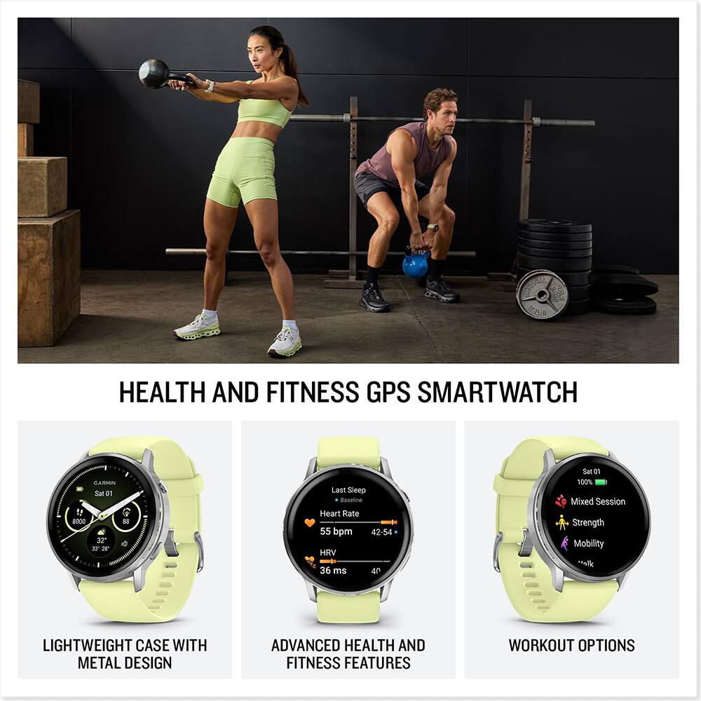 **HEALTH AND FITNESS GPS SMARTWATCH**

- **LIGHTWEIGHT CASE WITH METAL DESIGN**
- **ADVANCED HEALTH AND FITNESS FEATURES**
- **WORKOUT OPTIONS**

**SERAND Sy**

- **Sat 01**
- **VO0E RE 32" 30 20**
- **Last Sleep Baseline**
- **Heart Rate 55 bpm 42-54**
- **HRV 36 ms**
- **100% Mixed Session**
- **Strength Mobility**
