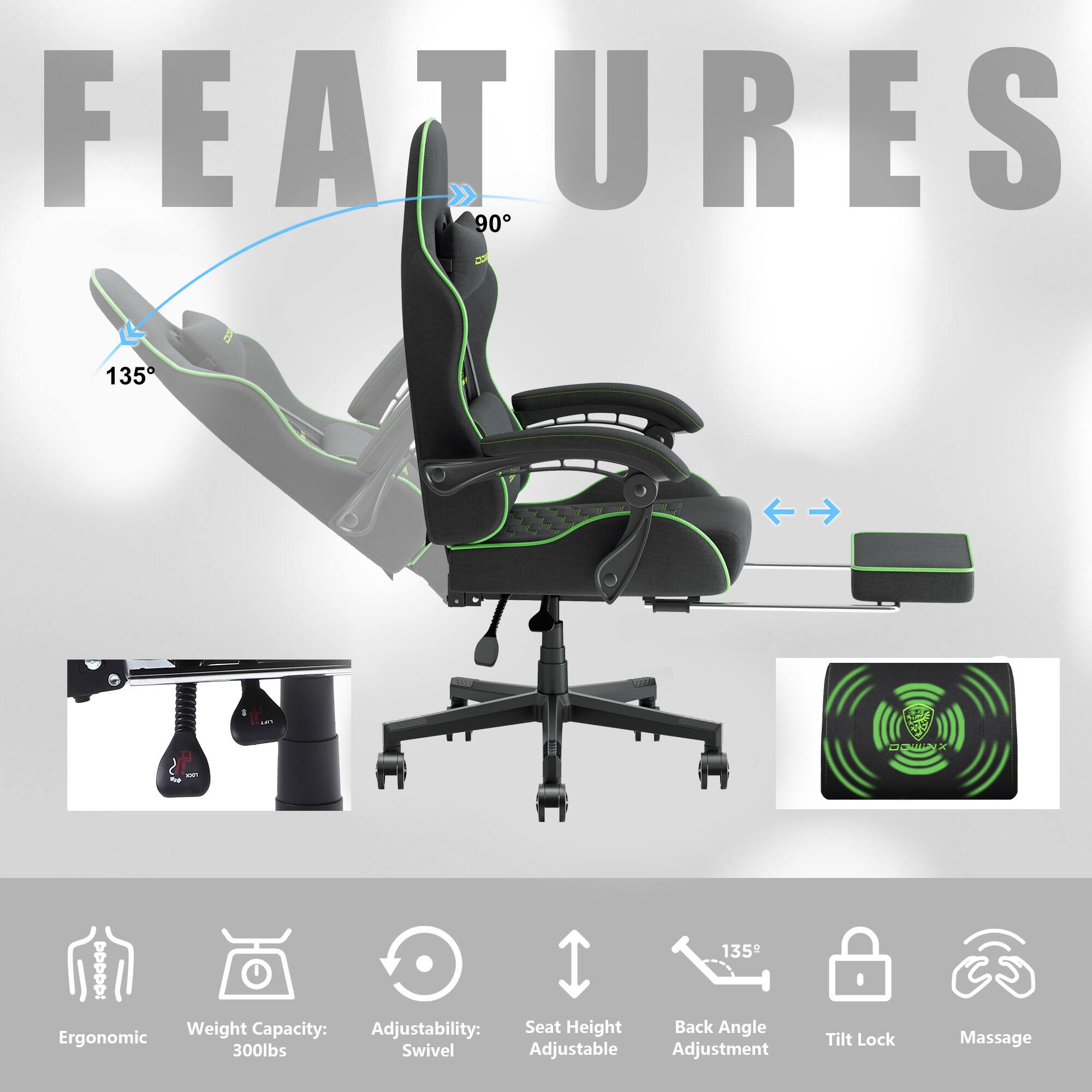 FEATURES

- Weight Capacity: 300lbs
- Adjustability: Swivel
- Seat Height Adjustable
- Back Angle Adjustment: 135°
- Tilt Lock
- Massage
- Ergonomic