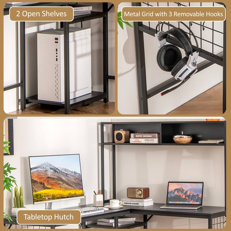 SORRALTES 2 Open Shelves Metal Grid with 3 Removable Hooks Tabletop Hutch