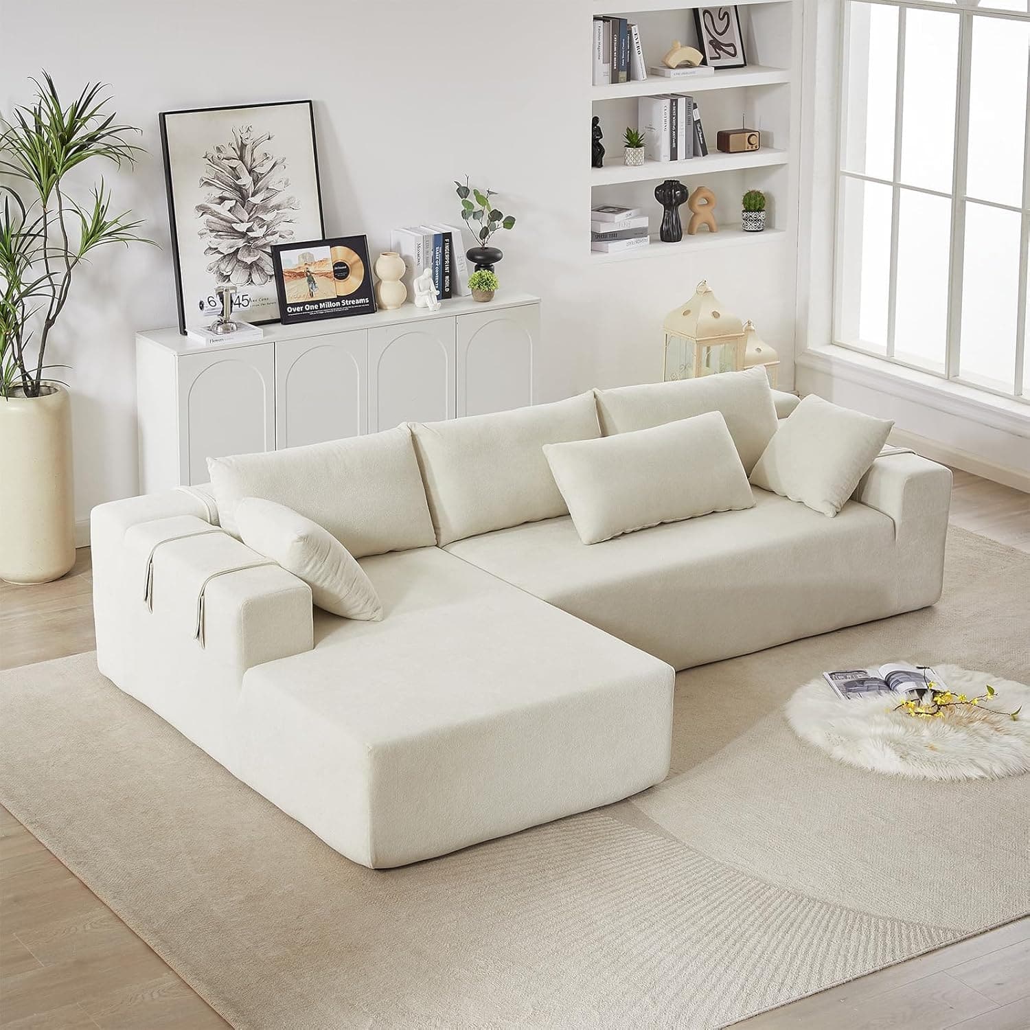 Trinkets Crazed - 108"Modular L Shaped Sectional Sofa Modern Comfy Corner Couches Sleeper Sofa with 6 Pillows (Left Chaise) - beige
