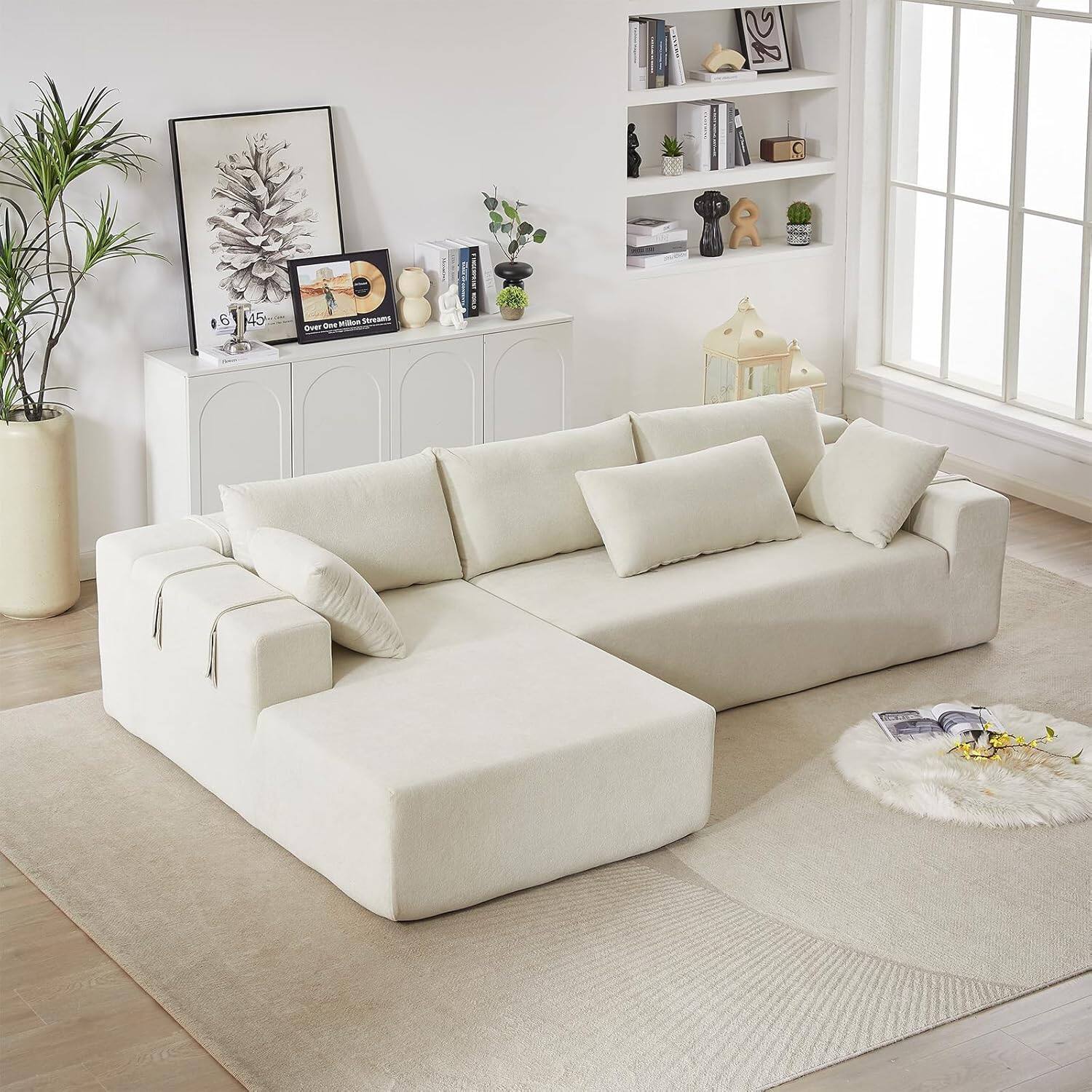 Front. Trinkets Crazed - 108"Modular L Shaped Sectional Sofa Modern Comfy Corner Couches Sleeper Sofa with 6 Pillows (Left Chaise) - beige.