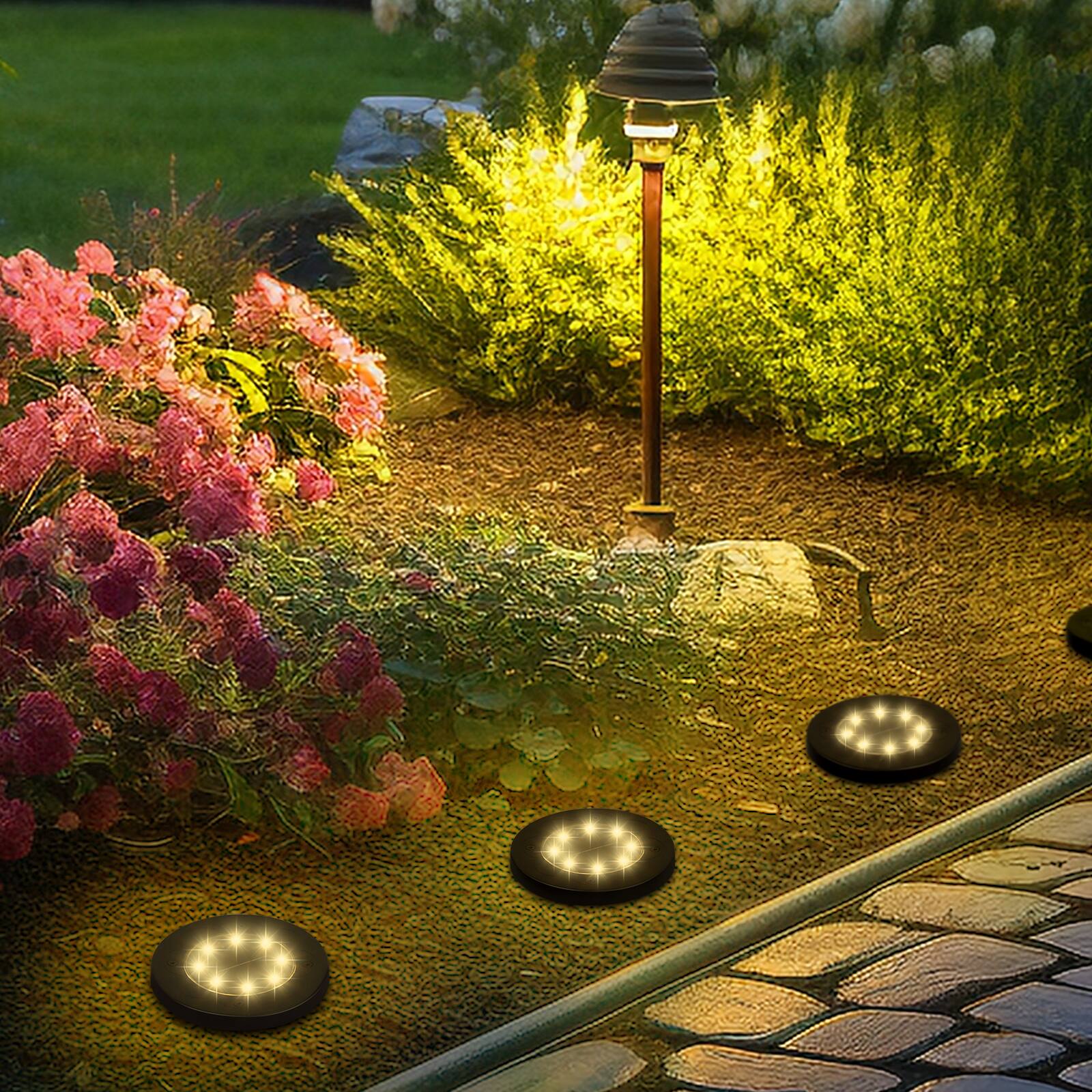 Alt View 2. Oumilen - 8-Pack 8LED Black Floral Pattern Solar Ground Lights Warm White IP65 Waterproof.