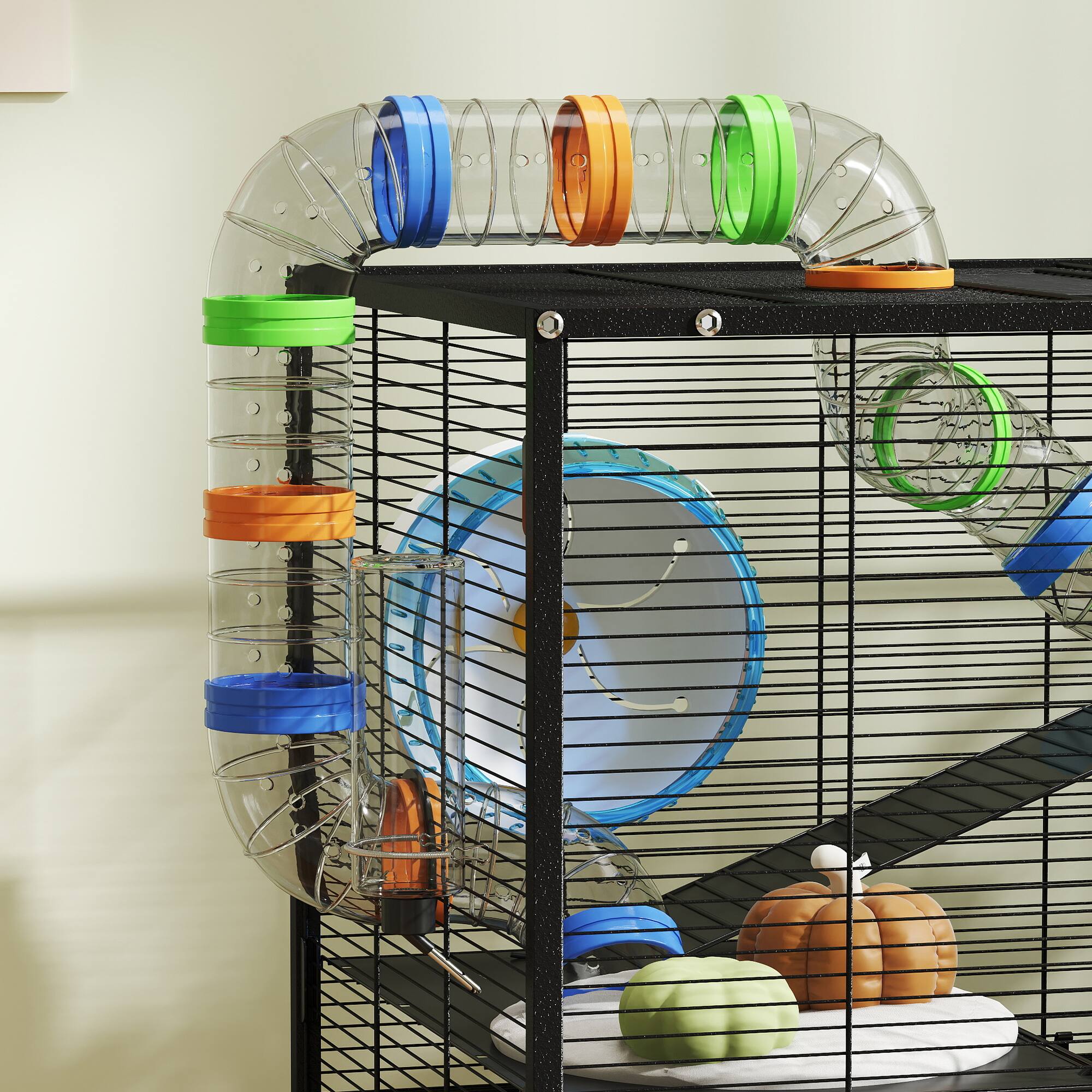 Alt View 8. Pawhut - Tier Hamster Cage, Rolling Rat Cage with Deep Tray, Storage Shelf, Big Exercise Wheel, Hut.