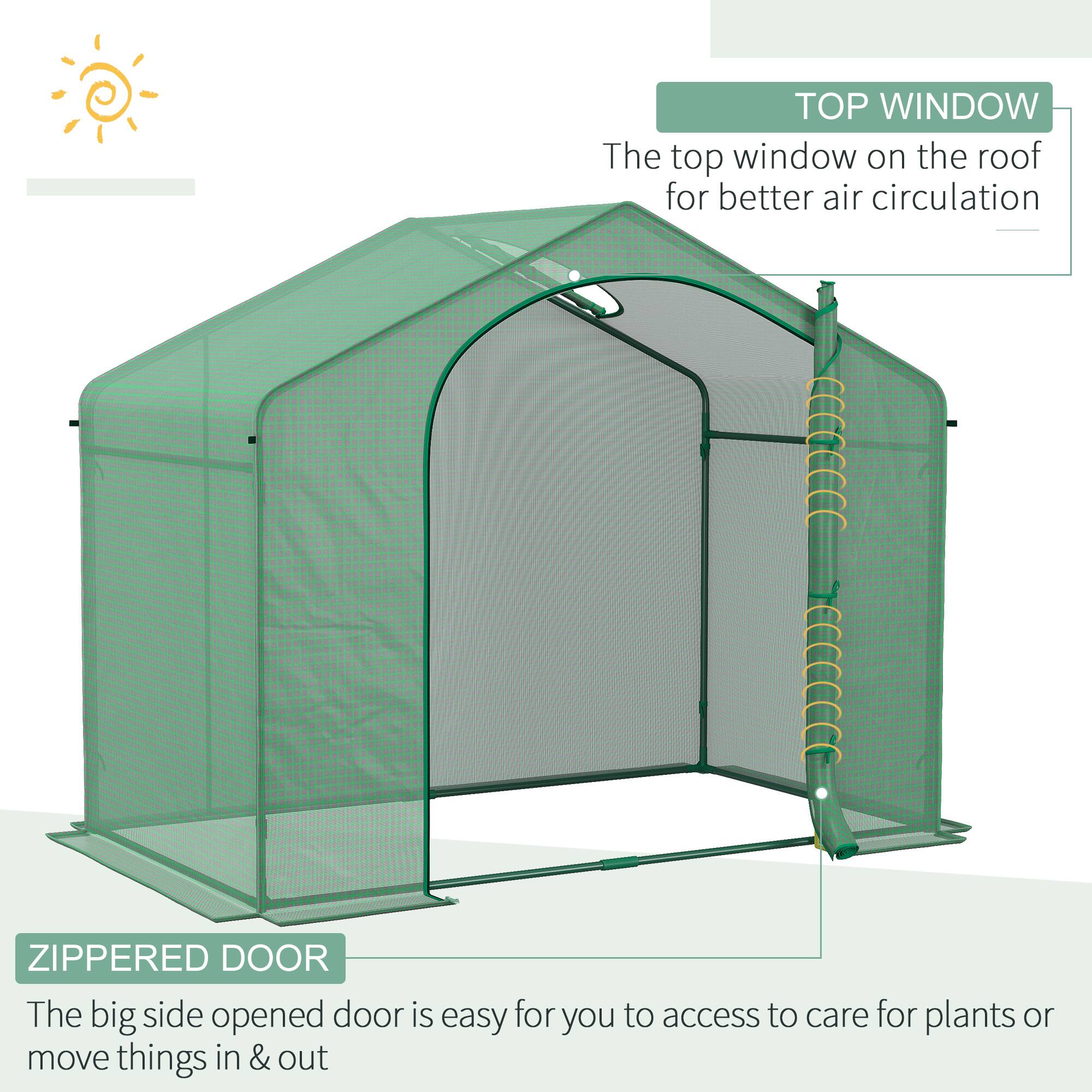 TOP WINDOW: The top window on the roof for better air circulation
ZIPPERED DOOR: The big side opened door is easy for you to access to care for plants or move things in & out