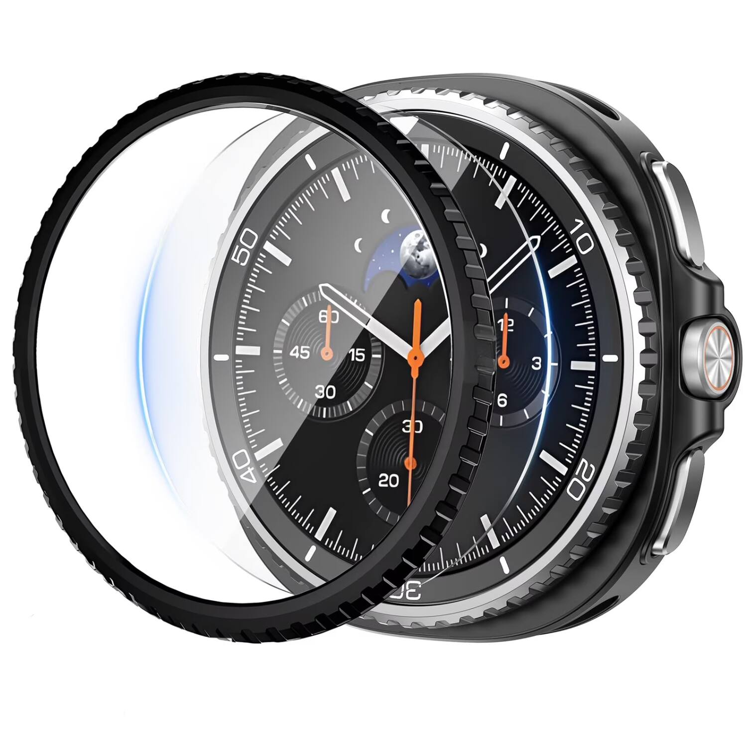 Left. Stock Preferred - Metal Bezel Ring for Samsung Galaxy Watch 8 Classic 46mm - Silver - Silver.