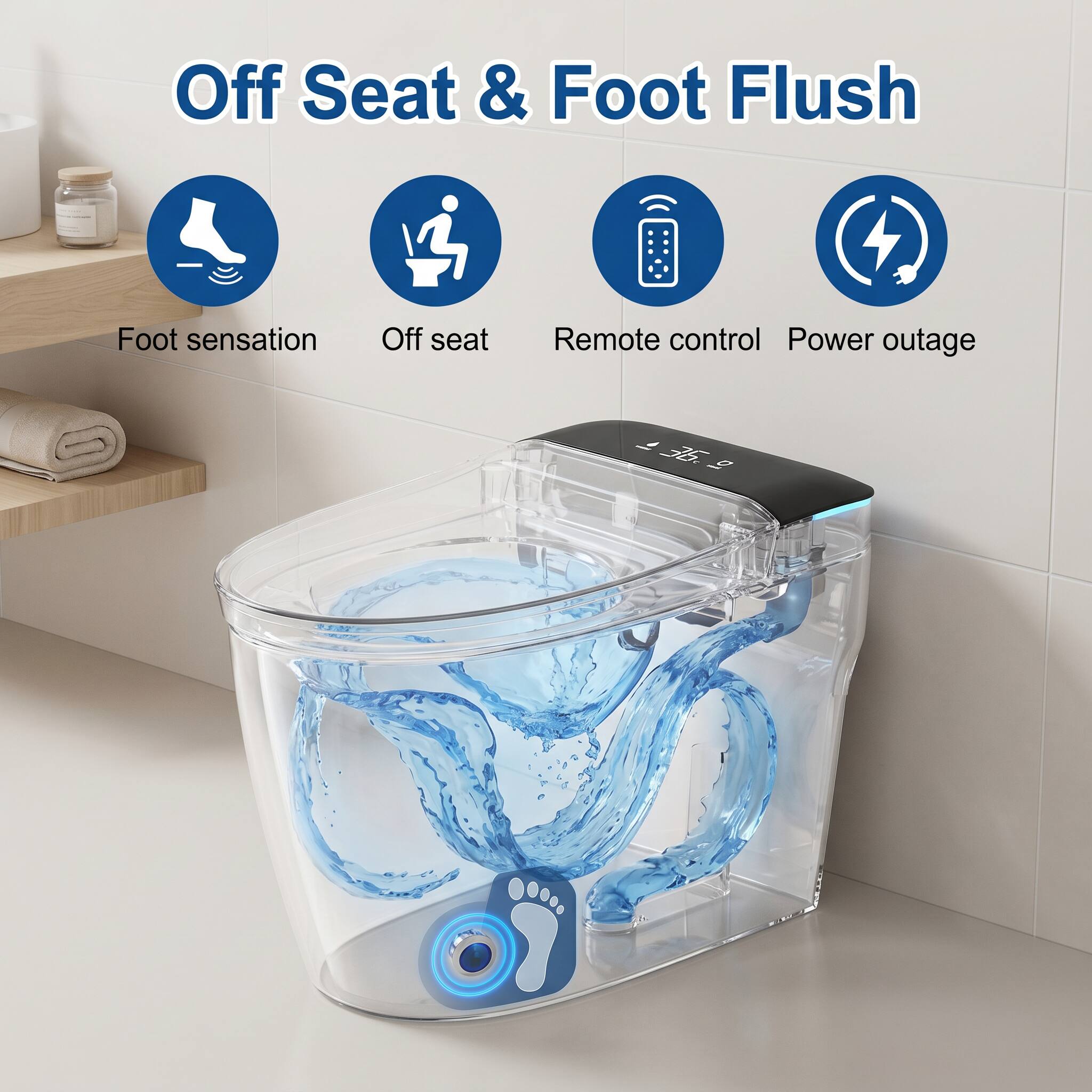 Off Seat & Foot Flush

Foot sensation
Off seat
Remote control
Power outage