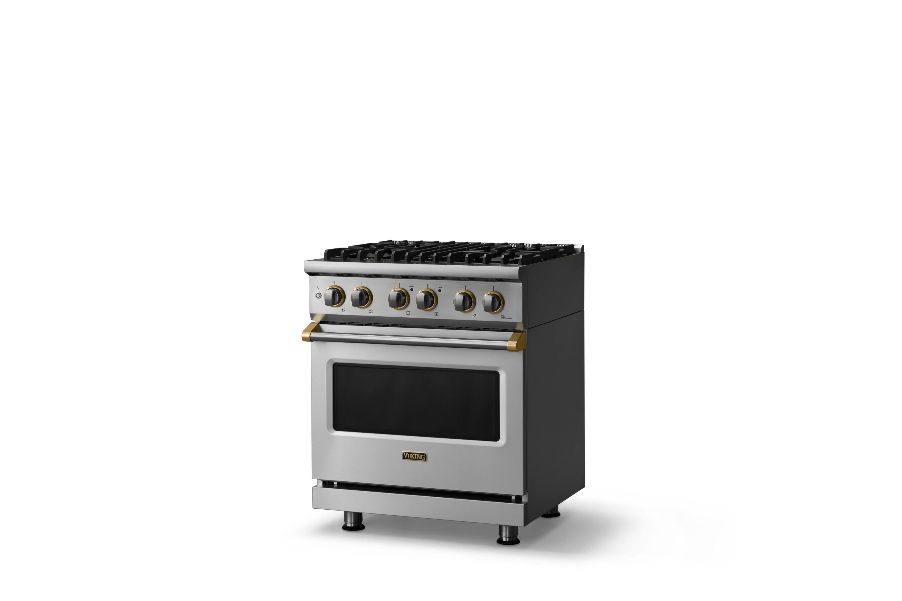 Angle. Viking - 30"W. Pro5S 4.7 Cu.Ft. Freestaning Sealed 4 Burner Dual Fuel Convection Range - Stainless Steel/Brushed Brass - Stainless Steel.