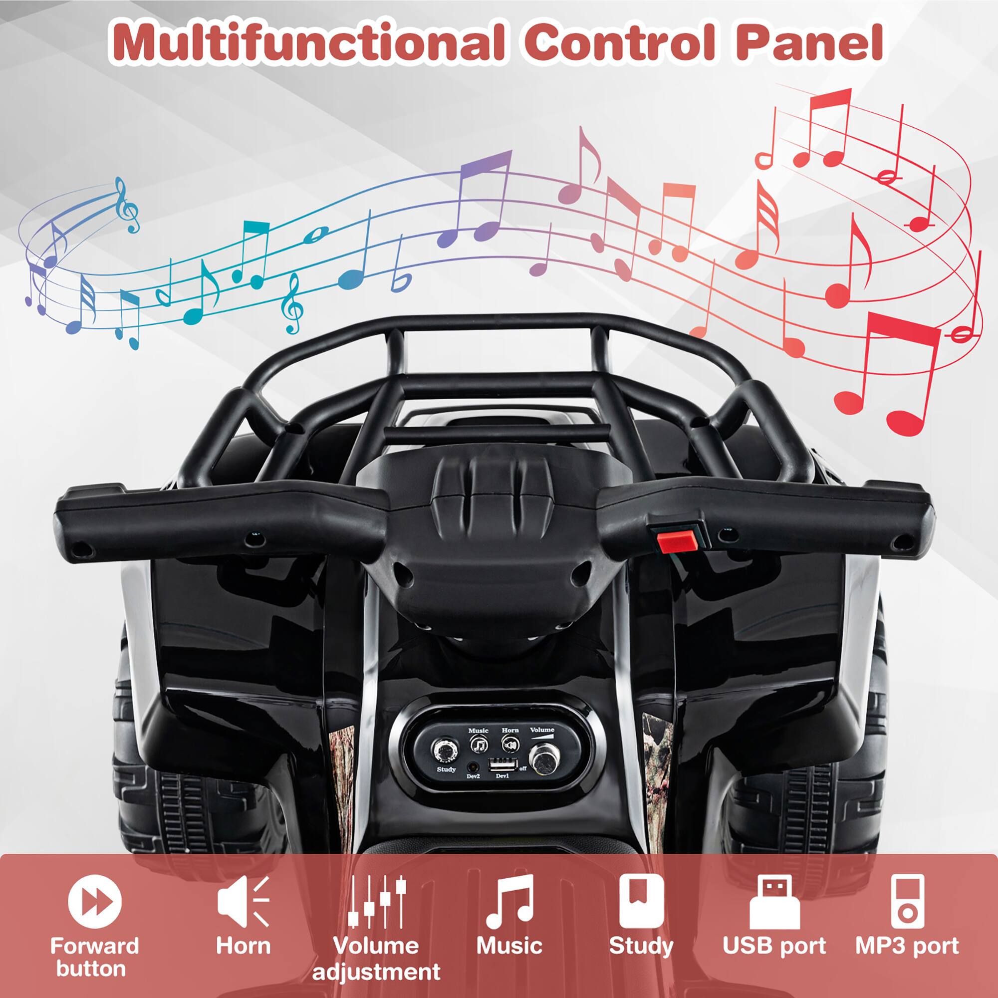Multifunctional Control Panel

- Forward button
- Horn
- Volume adjustment
- Music
- Study
- USB port
- MP3 port