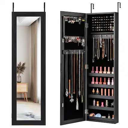 Front. Costway - Costway Jewelry Cabinet Wall or Door Mounted Jewelry Armoire with Full-Length Mirror - Black.
