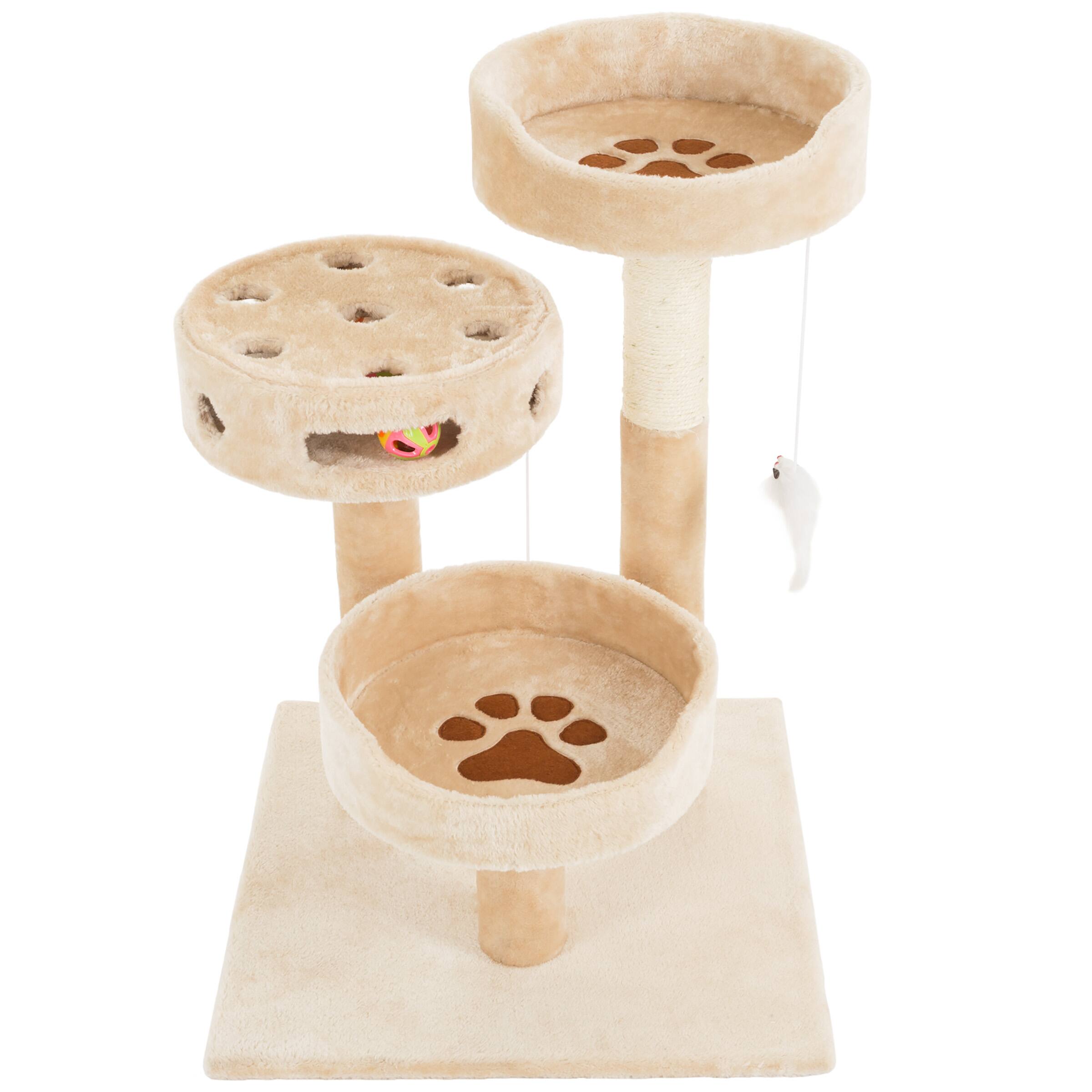 Alt View 5. PetMaker - Cat Tree 3-Tier Tall Cat Tower Condo with 2 Napping Perches, Sisal Rope Scratching Post, Hanging Mouse and Wheel Toy - Beige.