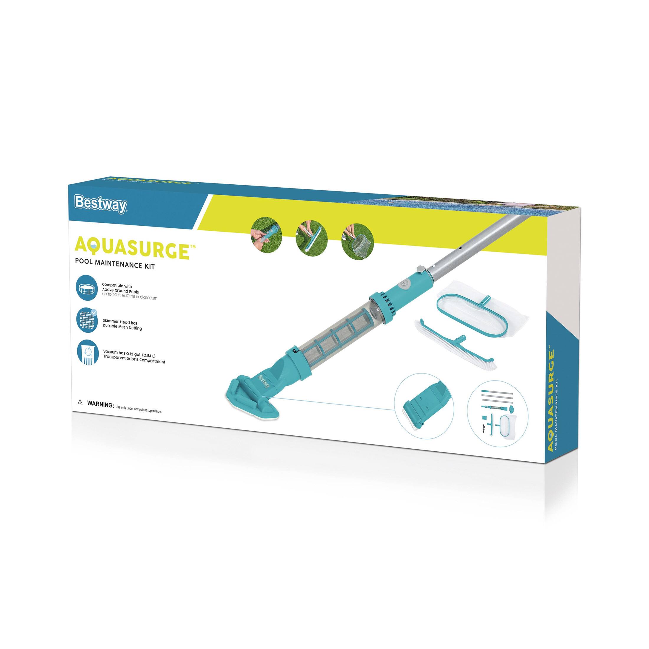 PRIMER Bestway AQUASURGE POOL MAINTENANCE KIT Compatible with above ground pools 6 to 20 ft in diameter Skimmer head net Durable mesh netting Vacuum hose out to 100 ft Transparent debris compartment WARNING: Low voltage transformer protection
