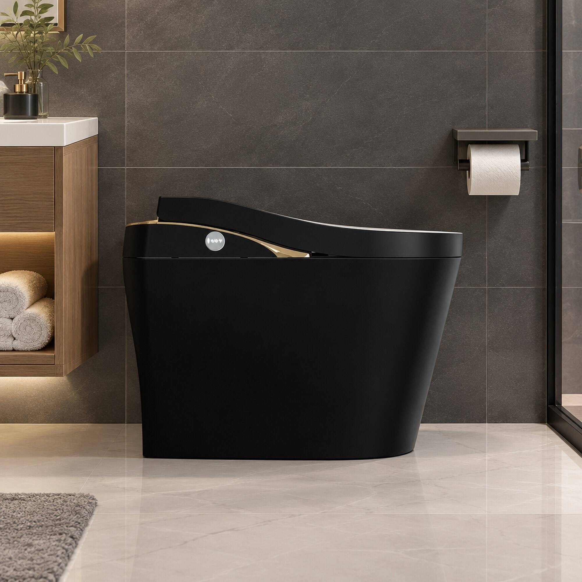 Back. RYHNUYNE - One Piece Tankless Smart Toilet With Bidet, Auto Flush Auto Open and Close Heated Seat Warm Water and Dry Foam Shield - Black.
