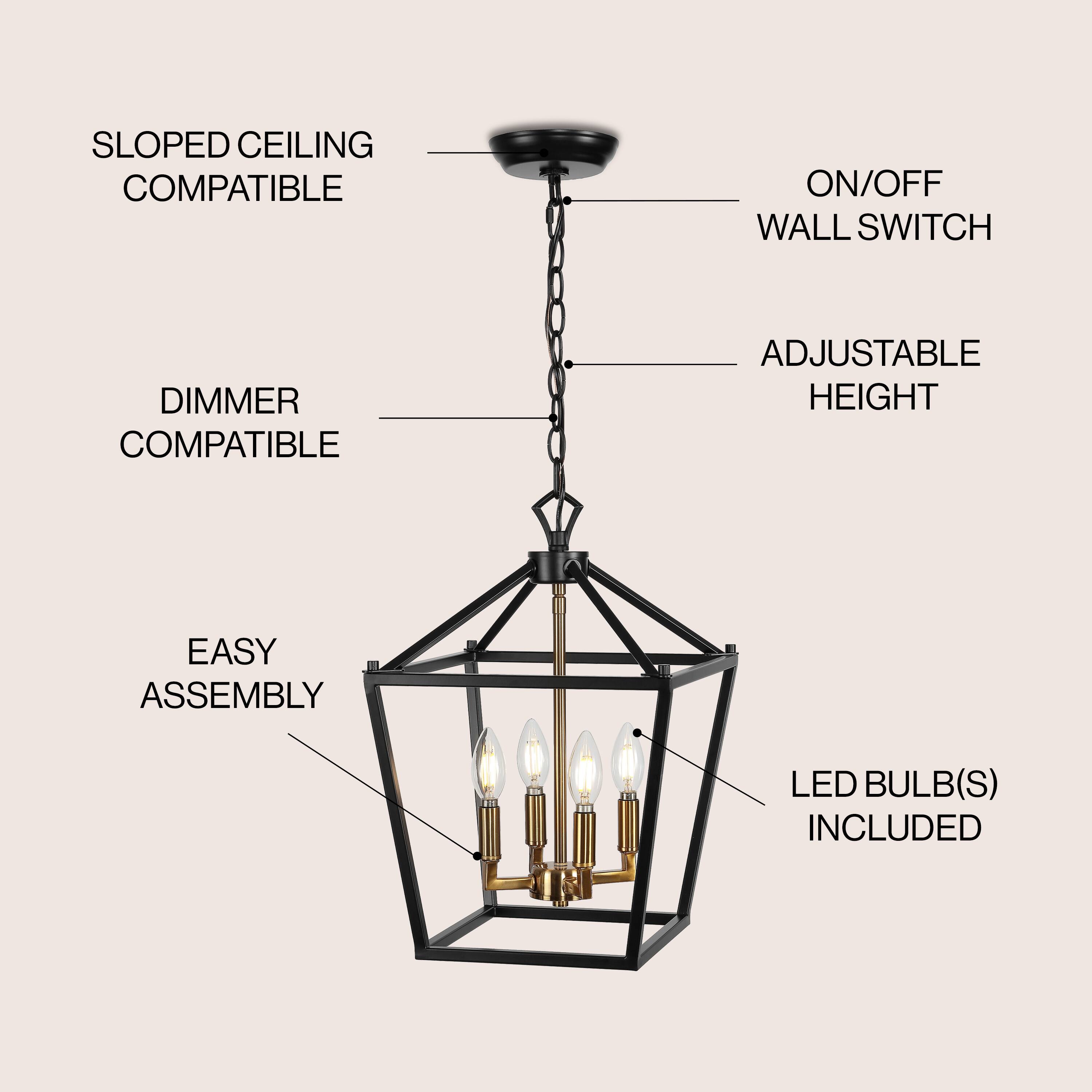 SLOPED CEILING COMPATIBLE  
ON/OFF WALL SWITCH  
DIMMER COMPATIBLE  
ADJUSTABLE HEIGHT  
EASY ASSEMBLY  
LED BULB(S) INCLUDED