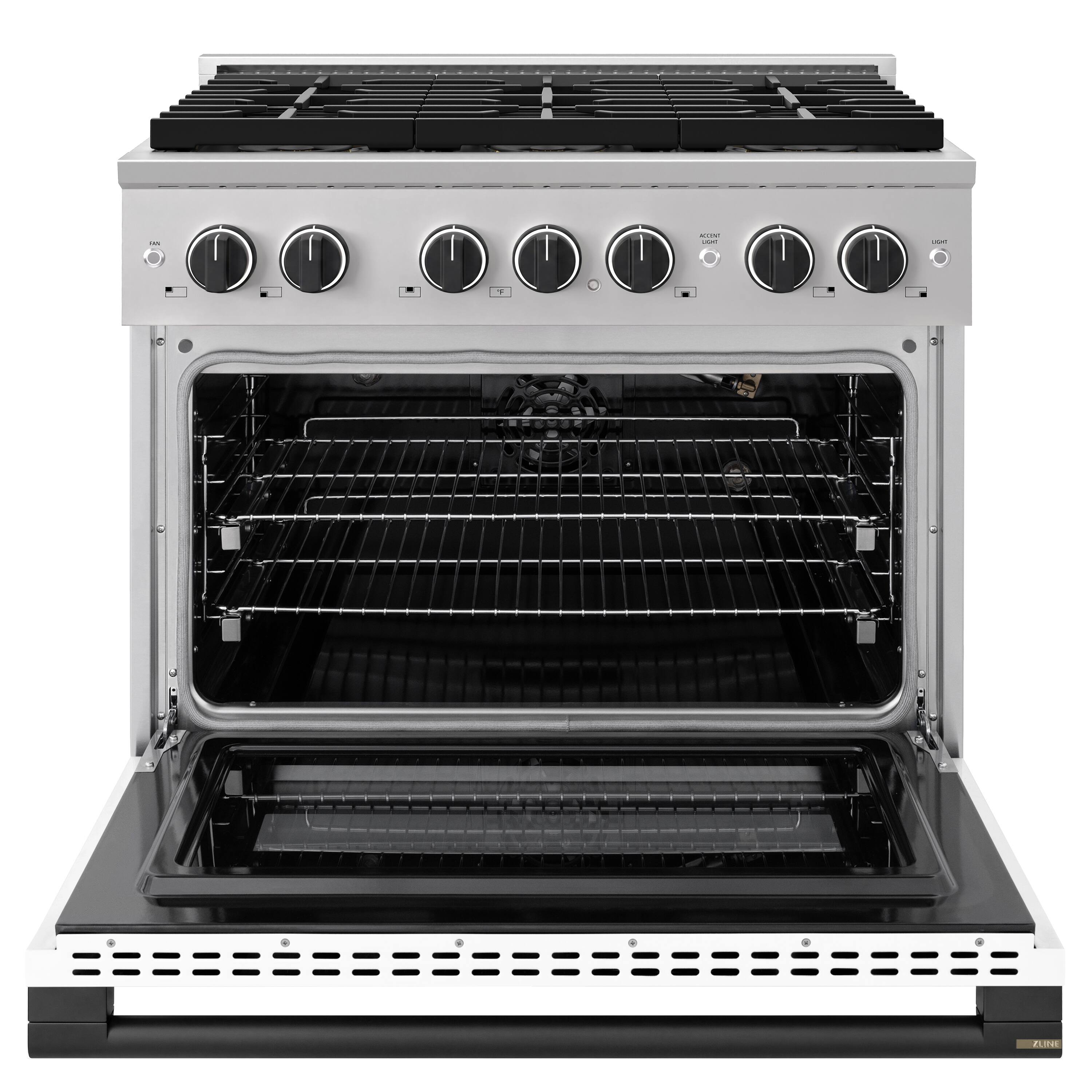 Angle. ZLINE - Autograph 36 in. 5.2 cu. ft. Manual Clean Marino Freestanding DuoPro Gas Range w/ White Matte Door and Black Accents - White Matte.