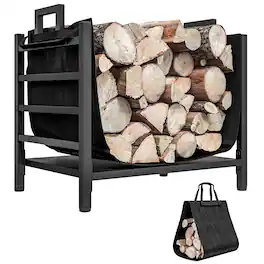 Outsunny - 19 Inch Firewood Rack Outdoor Indoor Firewood Holder with Removable Log Carrier - Black
