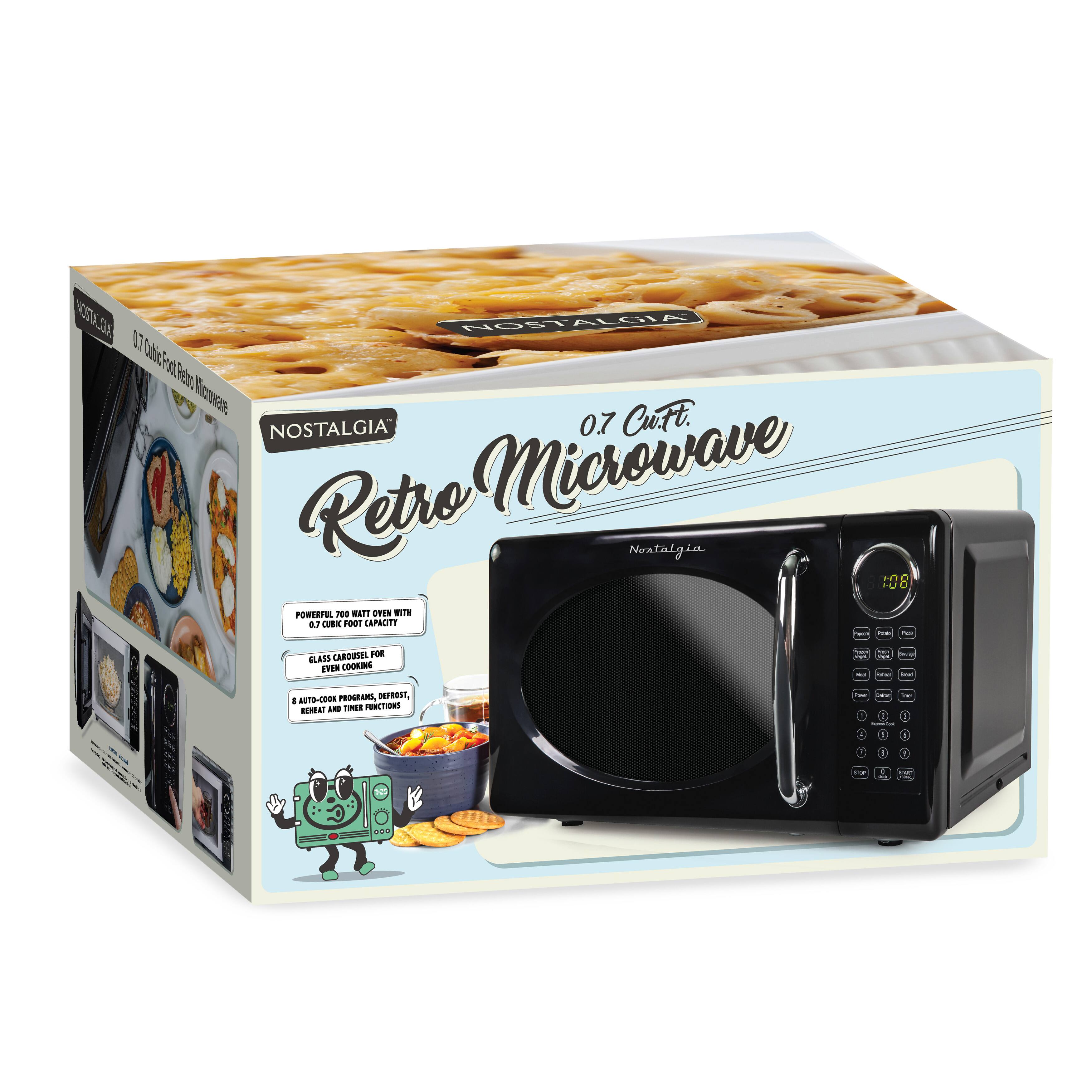 Nostalgia Retro Microwave  
0.7 Cu. Ft.  
Powerful 700 Watt Oven with 0.7 Cubic Foot Capacity  
Glass Carousel for Even Cooking  
4 Auto-Cook Programs, Defrost, Reheat and Timer Functions  
8 Programs, 108 Power Levels  
1-20 Minute Timer  
Stainless Steel Exterior
