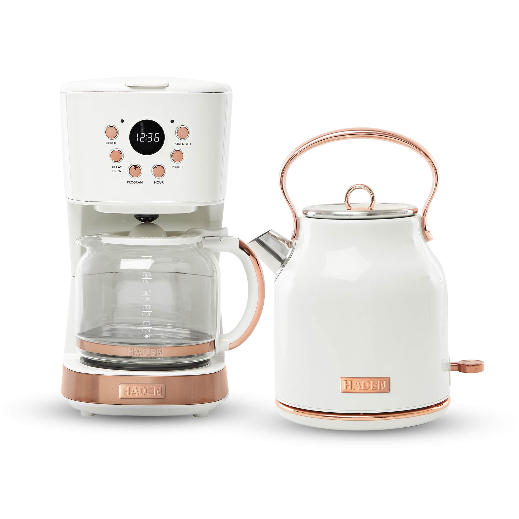 Haden - 12 Cup Coffee Maker & Heritage 1.7 Liter Electric Kettle, Ivory & Copper - Ivory, Copper