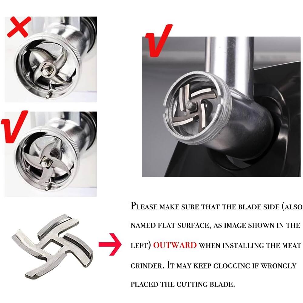 Please make sure that the blade side (also named flat surface, as image shown in the left) outward when installing the meat grinder. It may keep clogging if wrongly placed the cutting blade.