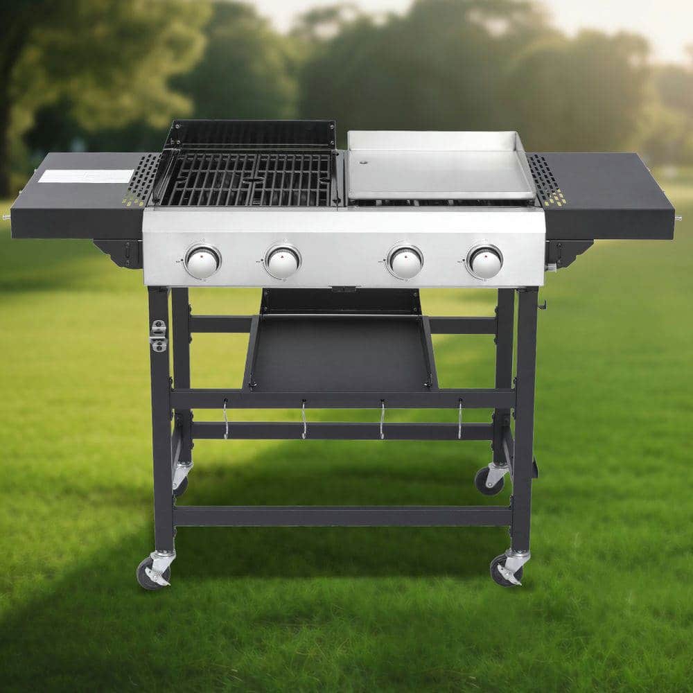 Resenkos - 4 Burner BBQ Propane Gas Grill, Stainless Steel Patio Garden Barbecue Grill with Two Foldable Shelves, Black
