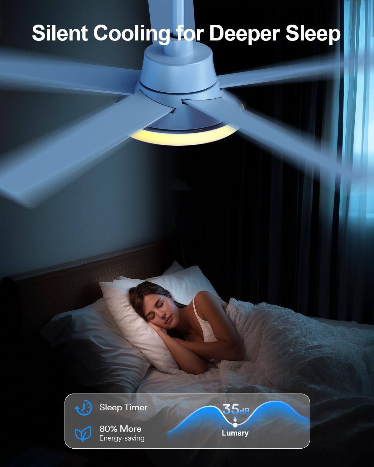 Silent Cooling for Deeper Sleep

Sleep Timer
35dB
80% More Energy-saving
Lumary