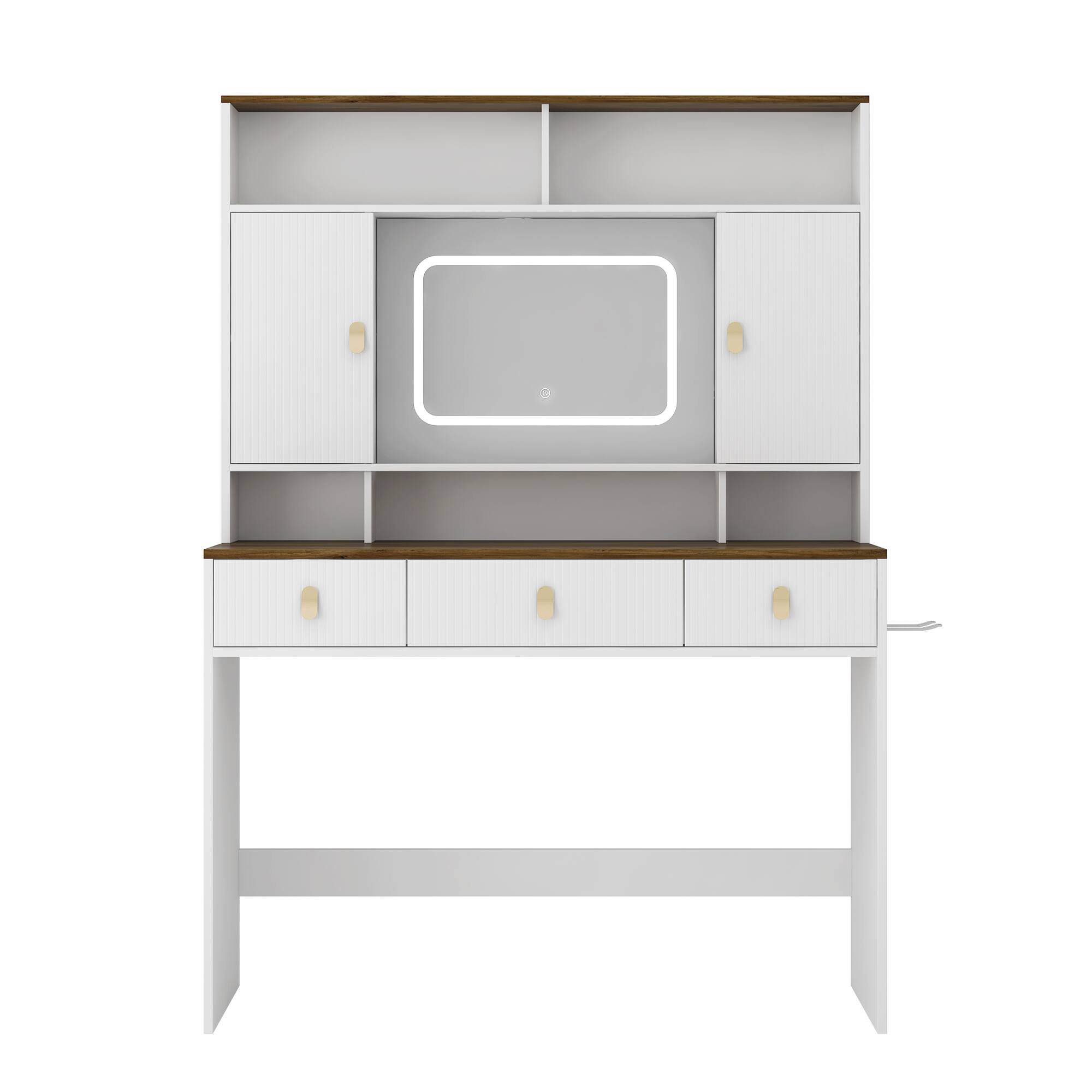 Left. COWLOWN - 43 Inch Farmhouse Dressing Table Lighted Mirror Drawer Hair Dryer Holder Bedroom Set White - White.