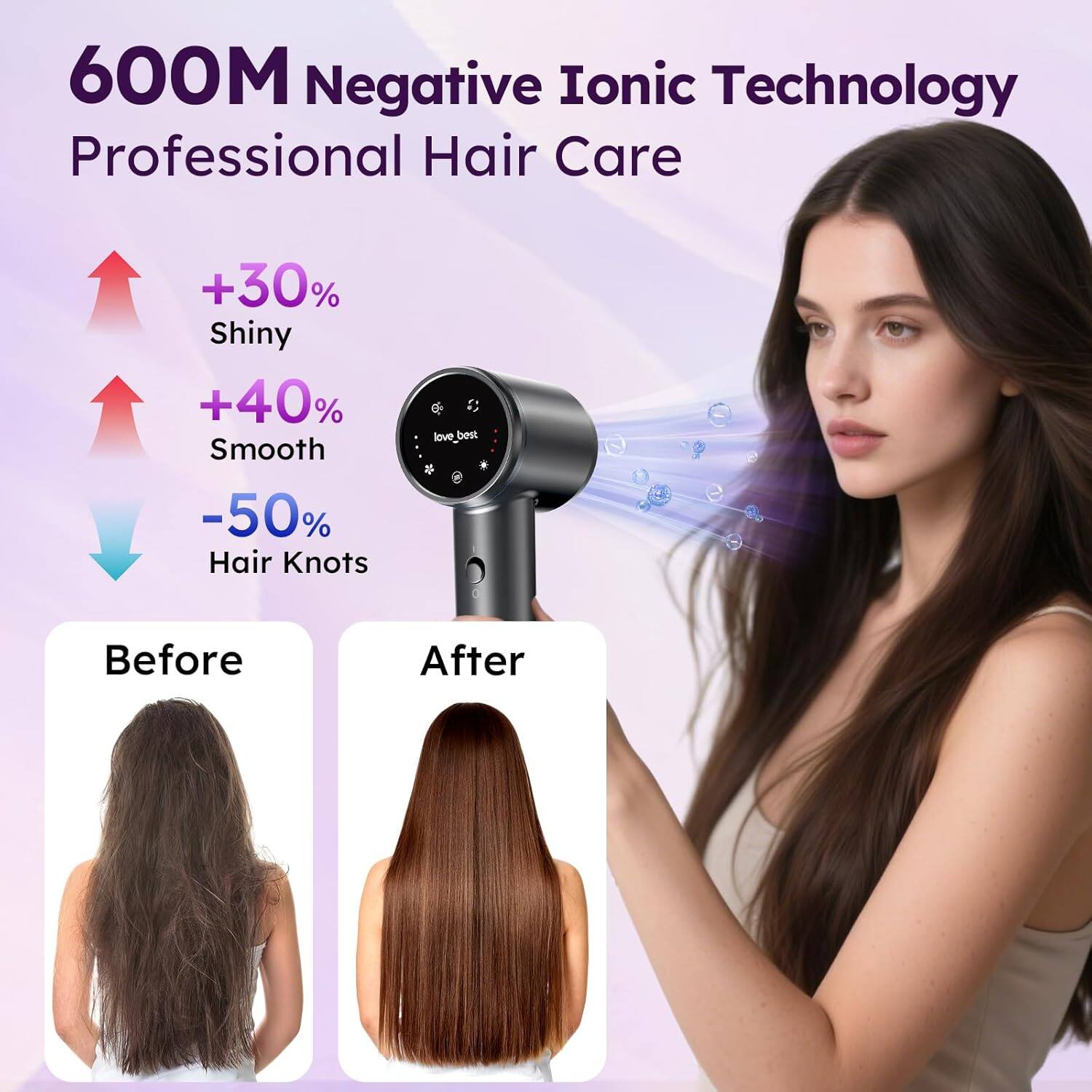 600M Negative Ionic Technology Professional Hair Care  
+30% Shiny  
+40% Smooth  
-50% Hair Knots  

love_best  

Before  
After