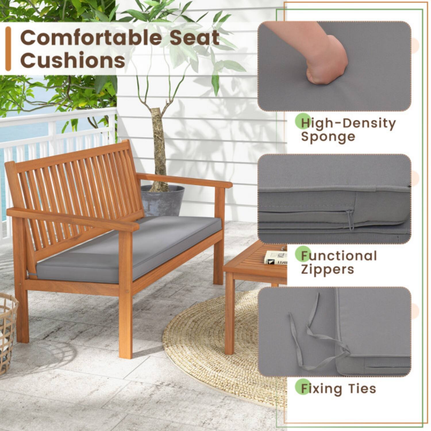 Comfortable Seat Cushions  
High-Density Sponge  
Functional Zippers  
Fixing Ties