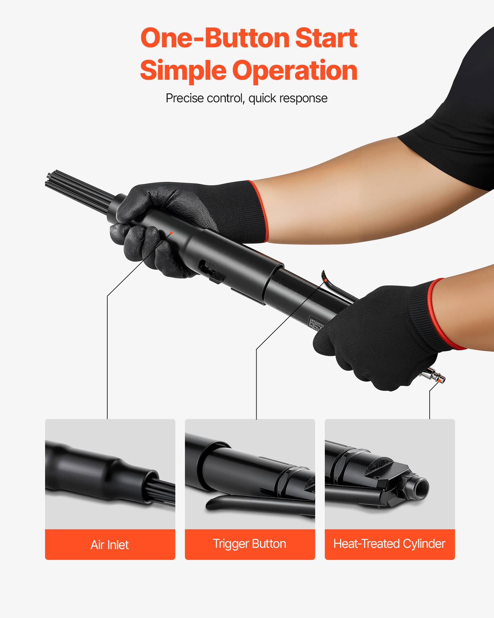 One-Button Start Simple Operation  
Precise control, quick response  

Air Inlet  
Trigger Button  
Heat-Treated Cylinder