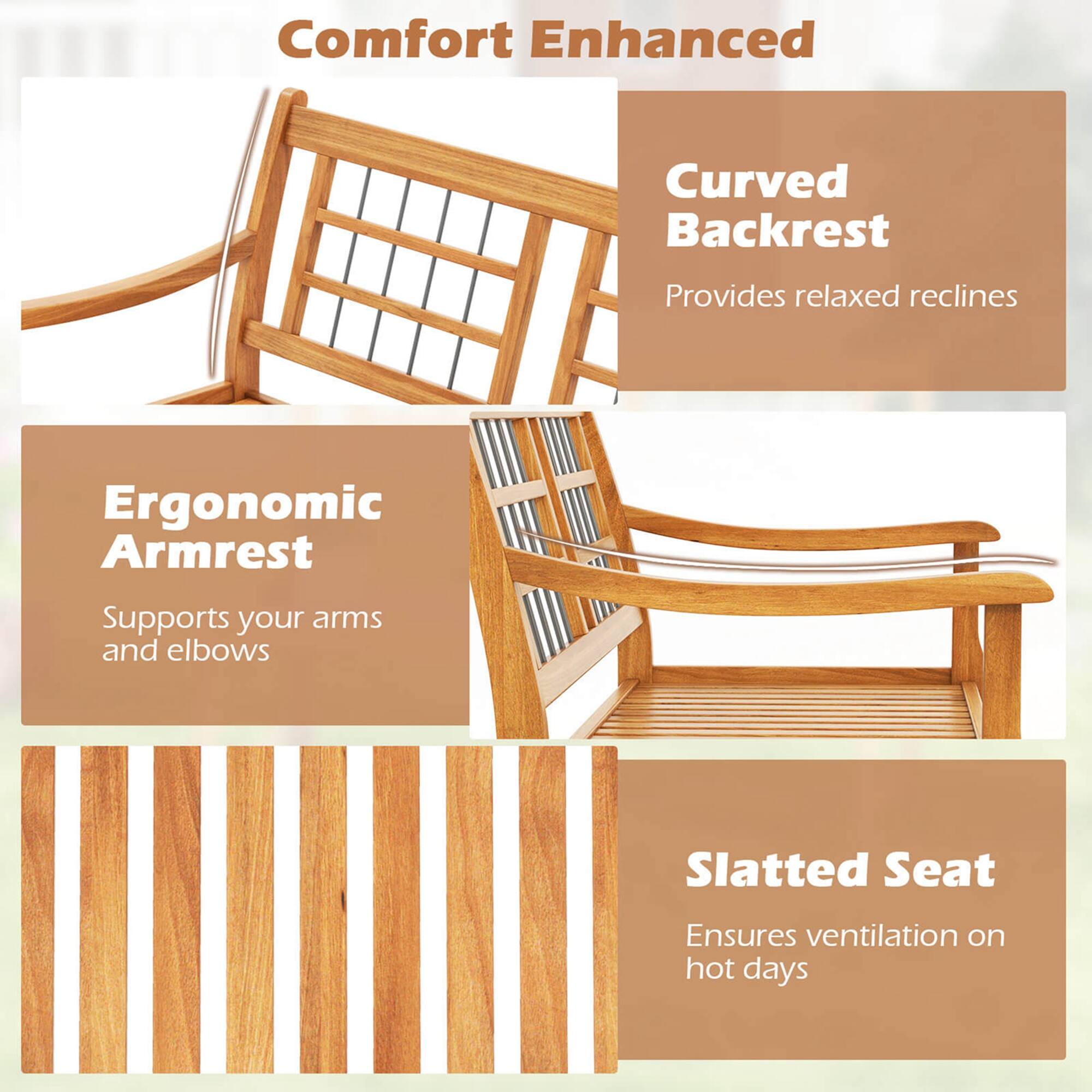 Comfort Enhanced Curved Backrest Provides relaxed reclines Ergonomic Armrest Supports your arms and elbows Slatted Seat Ensures ventilation on hot days