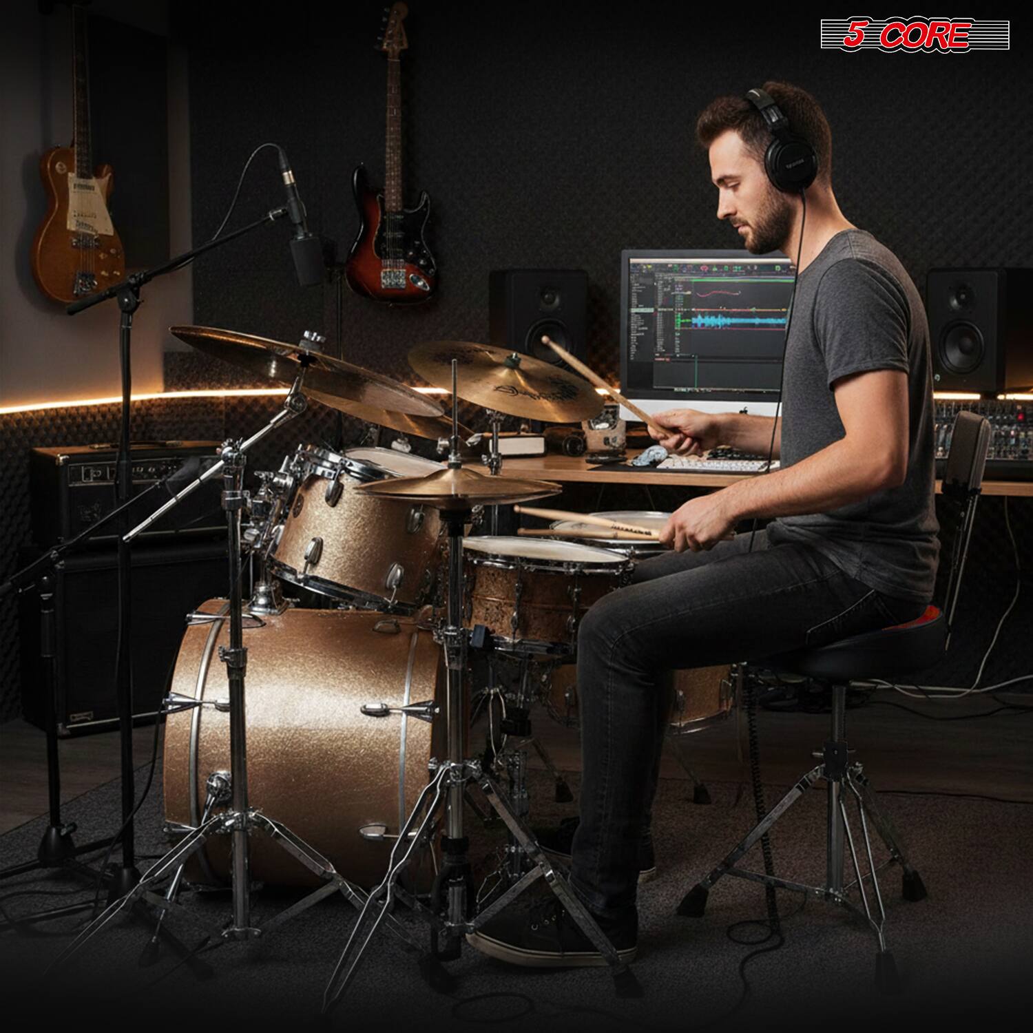 Alt View 5. 5 CORE - 5 Core Drum Throne w Backrest 4" Padded Adjustable 26.5" Drummer Stool w Velvet Top 441Lb Capacity - Red.