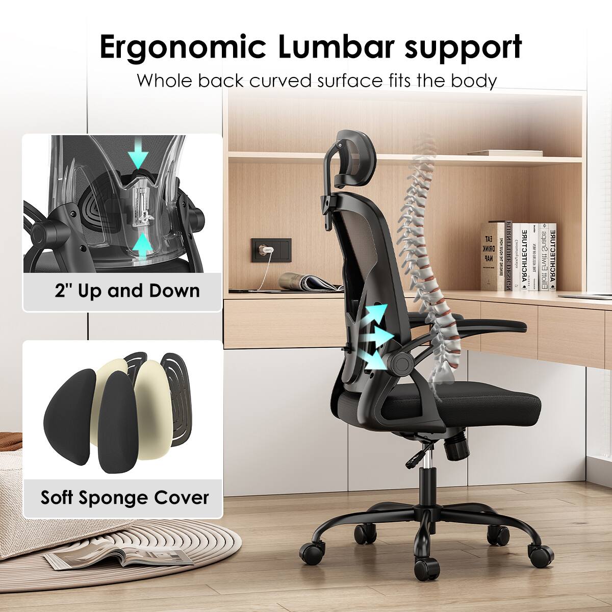 Ergonomic Lumbar support  
Whole back curved surface fits the body  

2" Up and Down  

Soft Sponge Cover