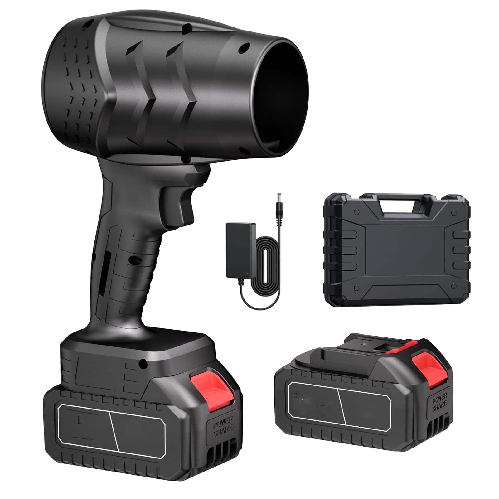 GlowWise - Mini cordless leaf blower, adjustable speed. Includes 2 batteries, charger & toolbox. For yard leaves & snow. (Black) - Blank