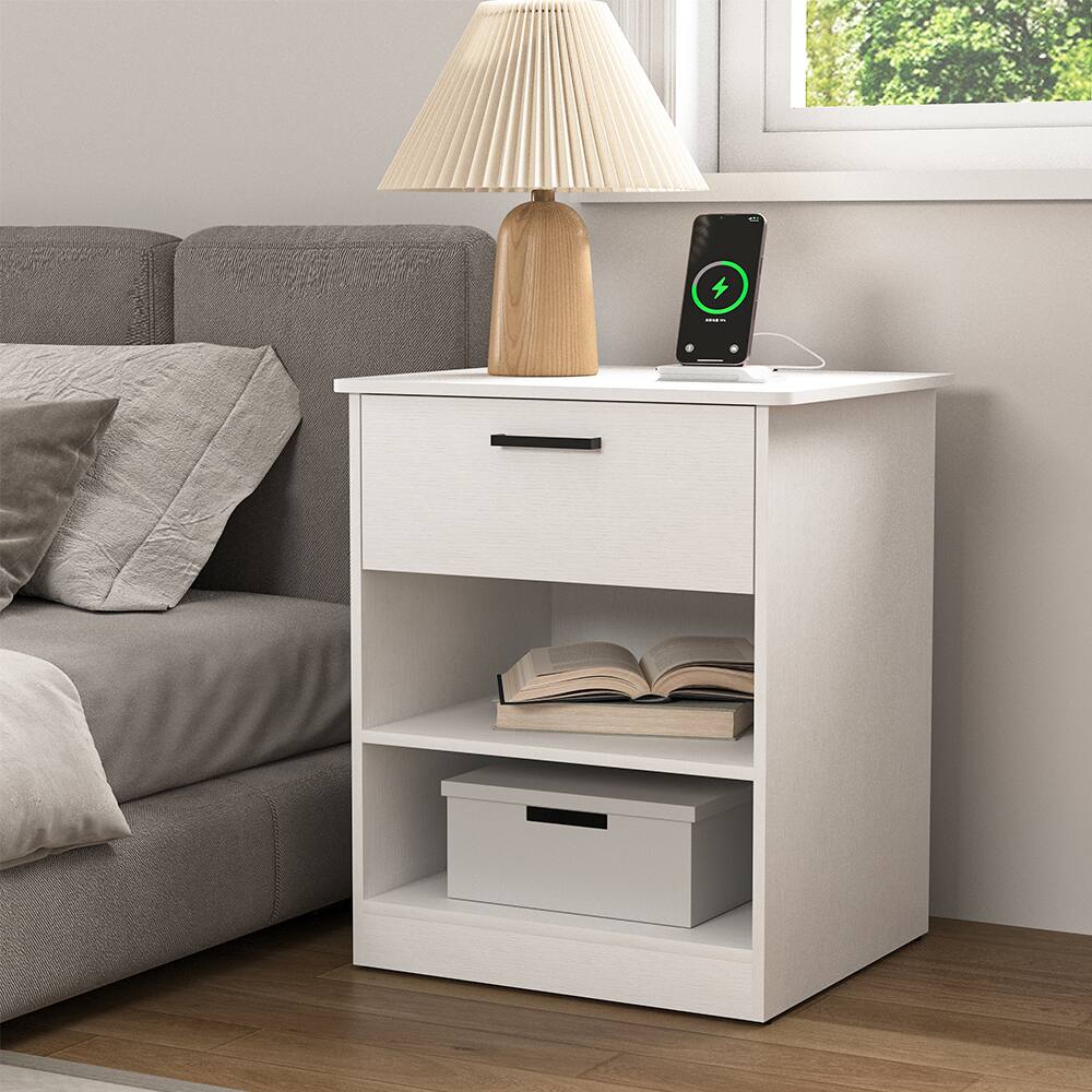Angle. Spaco - Nightstand with Charging Station,2 USB,Type C,Drawer,Adjustable Shelf - White.