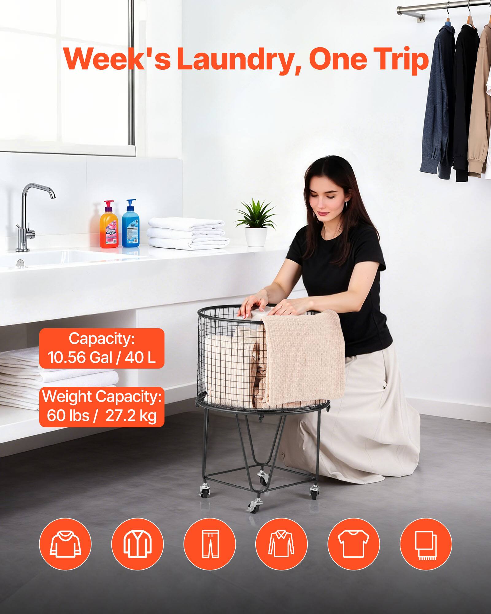 Week's Laundry, One Trip

Capacity: 10.56 Gal / 40 L

Weight Capacity: 60 lbs / 27.2 kg