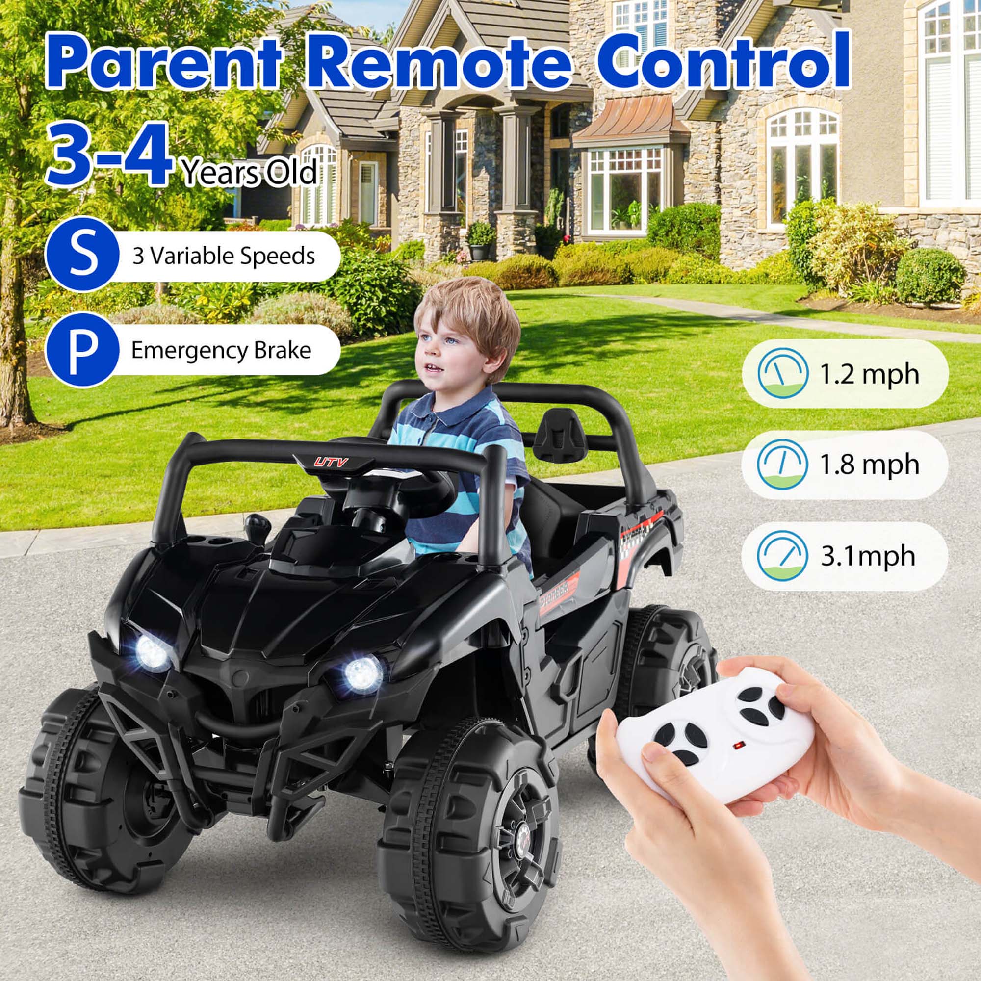 Parent Remote Control  
3-4 Years Old  

S  
3 Variable Speeds  

P  
Emergency Brake  

1.2 mph  
1.8 mph  
3.1 mph