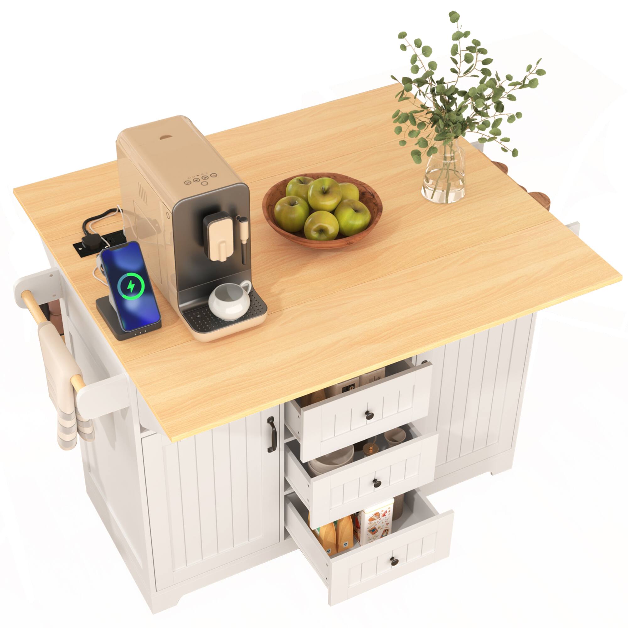 Alt View 1. ELEMENT ACE - Multifunctional Kitchen Island Cart with Drop Leaf Extensions, Power Outlets, and Ample Storage for Modern Kitchens - White.