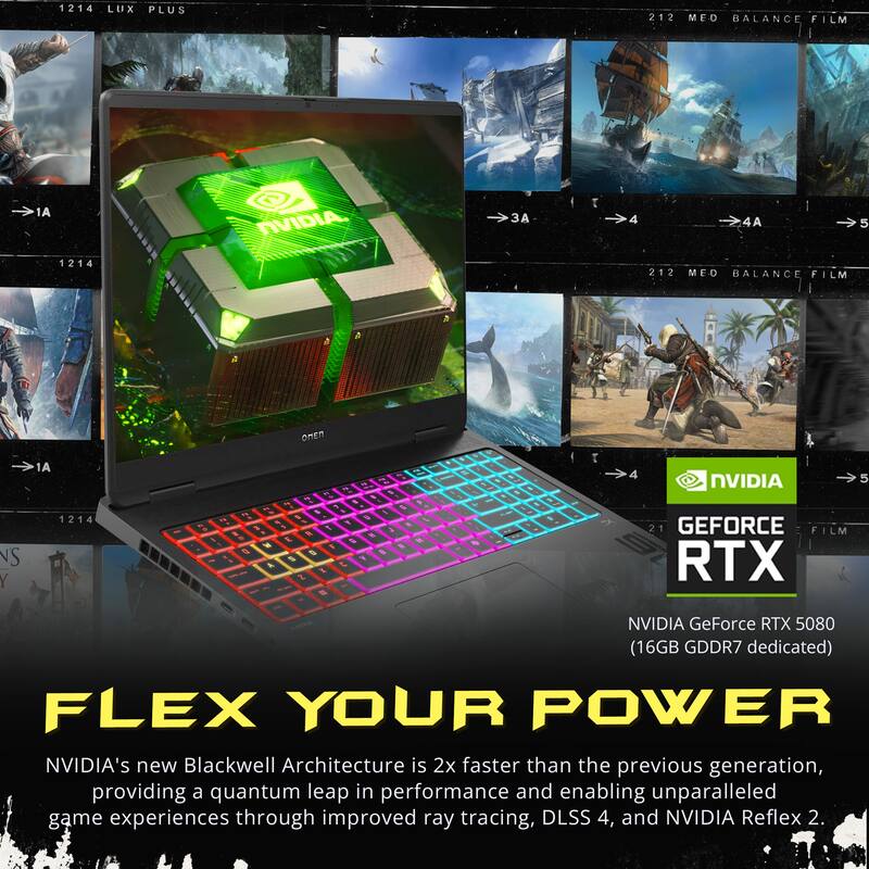 1214 LUX PLUS  
212 MED BALANCE FILM 1A NVIDIA  

4 4A >5 5 1214 212 MED BALANCE FILM NS Y 1A 1214 Onn - 5 . - 1 " 8 4 1 - . 1 1 3 . 1 . a A * & E S 1 d S & S , & t Z Z - - - 1 5 I 4 NVIDIA 5 21 GEFORCE FILM RTX NVIDIA GeForce RTX 5080 (16GB GDDR7 dedicated)  

FLEX YOUR POWER  
NVIDIA's new Blackwell Architecture is 2x faster than the previous generation, providing a quantum leap in performance and enabling unparalleled game experiences through improved ray tracing, DLSS 4, and NVIDIA Reflex 2.