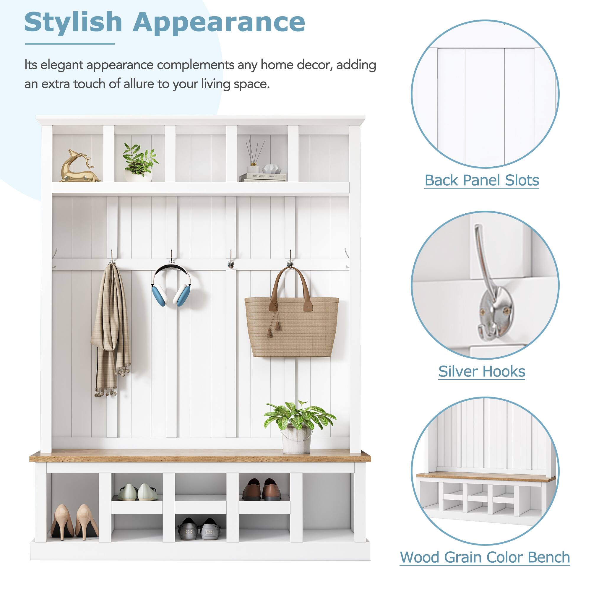 Stylish Appearance

Its elegant appearance complements any home decor, adding an extra touch of allure to your living space.

- Back Panel Slots
- Silver Hooks
- Wood Grain Color Bench