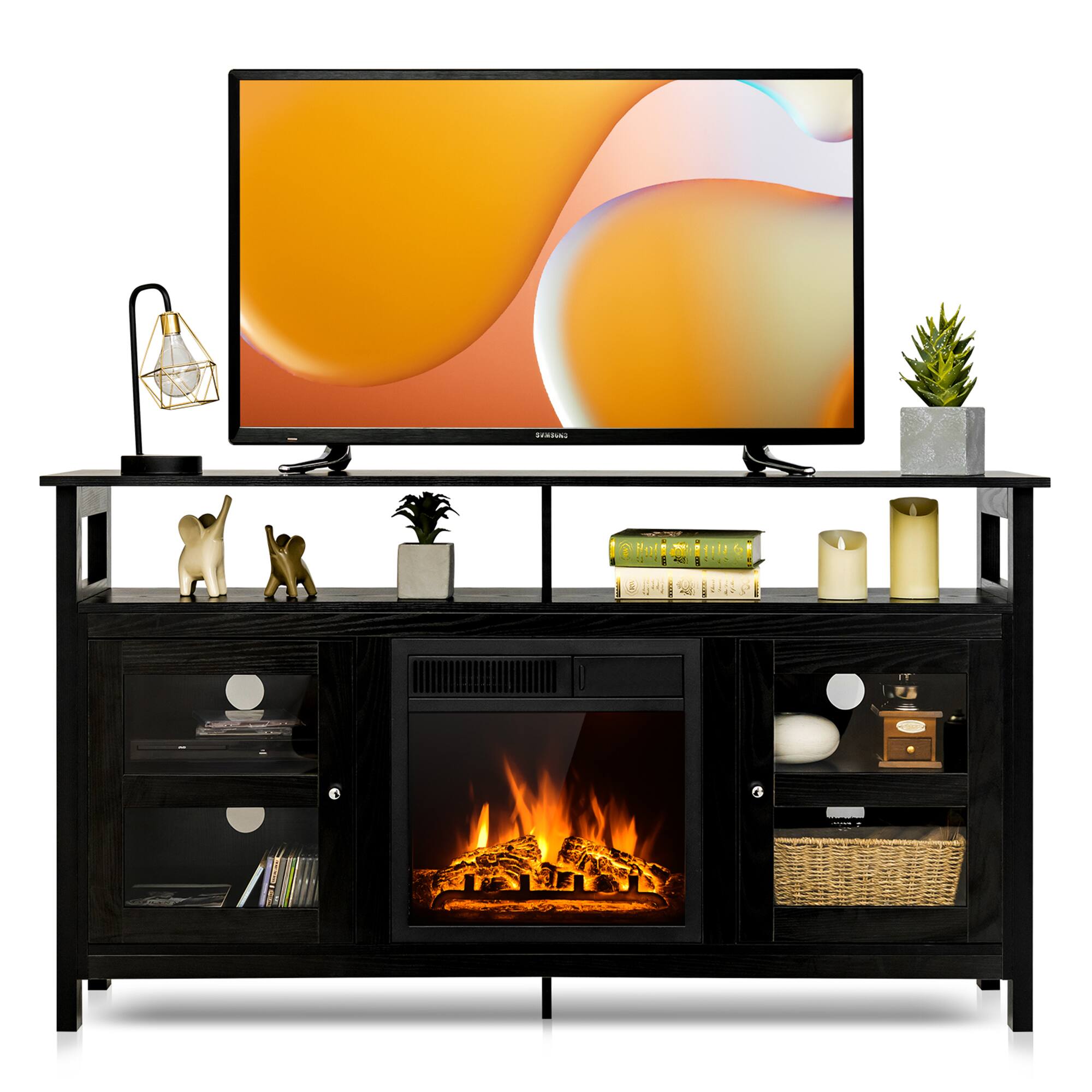 Gymax - 58'' Fireplace TV Stand W/18'' 1500W Electric Fireplace up to 65'' - Black