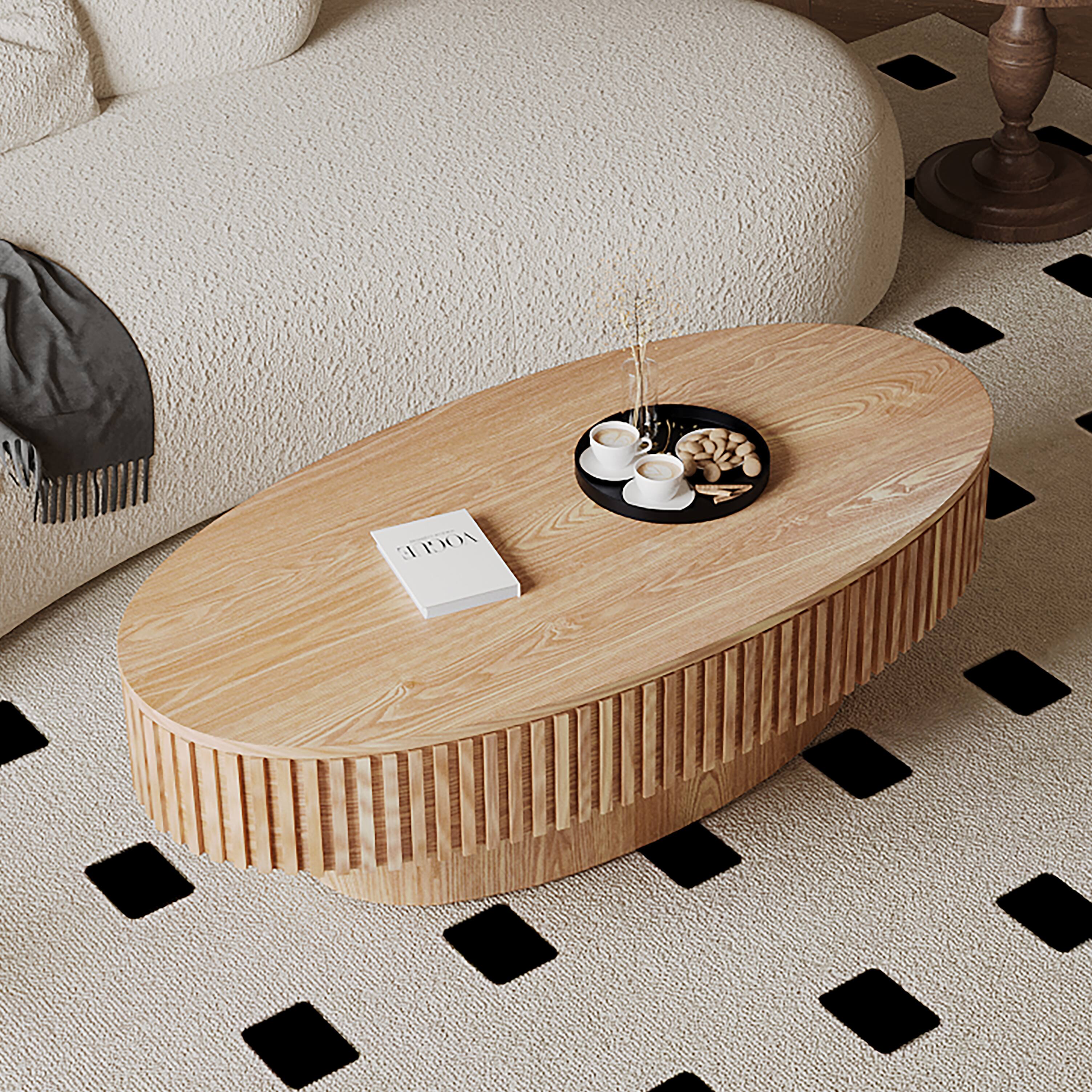 Back. Loheer - Loheer 47 Inch Oval Coffee Table with Storage Modern Solid Wood Veneer Low Profile Accent Center Table for Living Room - Natural Wood.