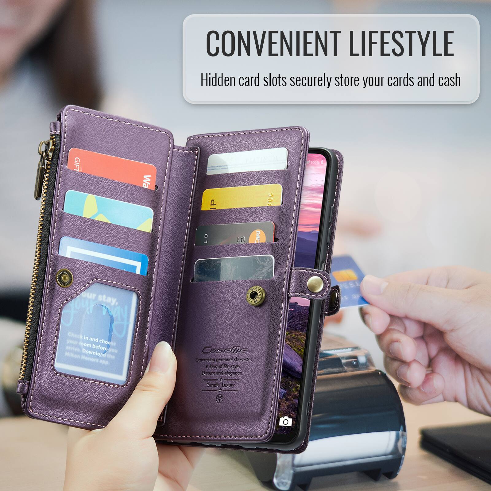 CONVENIENT LIFESTYLE  
Hidden card slots securely store your cards and cash  

GIFT Wa IP 0 - LD L DA  
our stay, our way  
my Check in and choose room before  
Bownlood you Honors the app  
Casellor bgw pooore cheredtes  
F Nod n 4 M t i ahgence  
Sropk Zan
