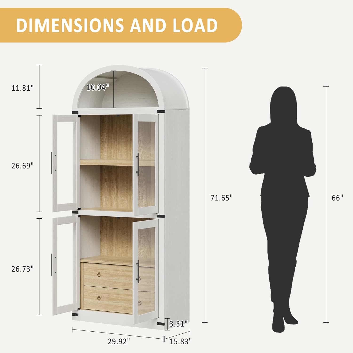 DIMENSIONS AND LOAD

- Height: 71.65"
- Width: 29.92"
- Depth: 15.83"
- Door Height: 26.73"
- Door Width: 10.04"
- Shelf Height: 11.81"
- Shelf Depth: 26.69"
- Drawer Height: 3.31"