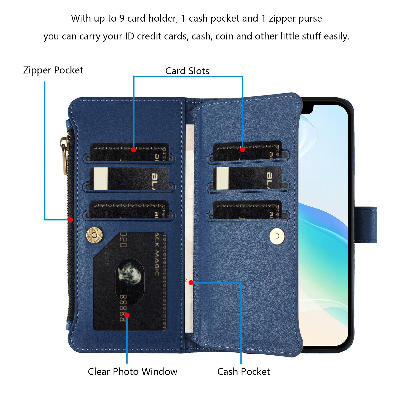 With up to 9 card holder, 1 cash pocket and 1 zipper purse you can carry your ID credit cards, cash, coin and other little stuff easily.

Zipper Pocket
Card Slots
2016
050 X DO 88888
ACK MAGIC
Clear Photo Window
Cash Pocket